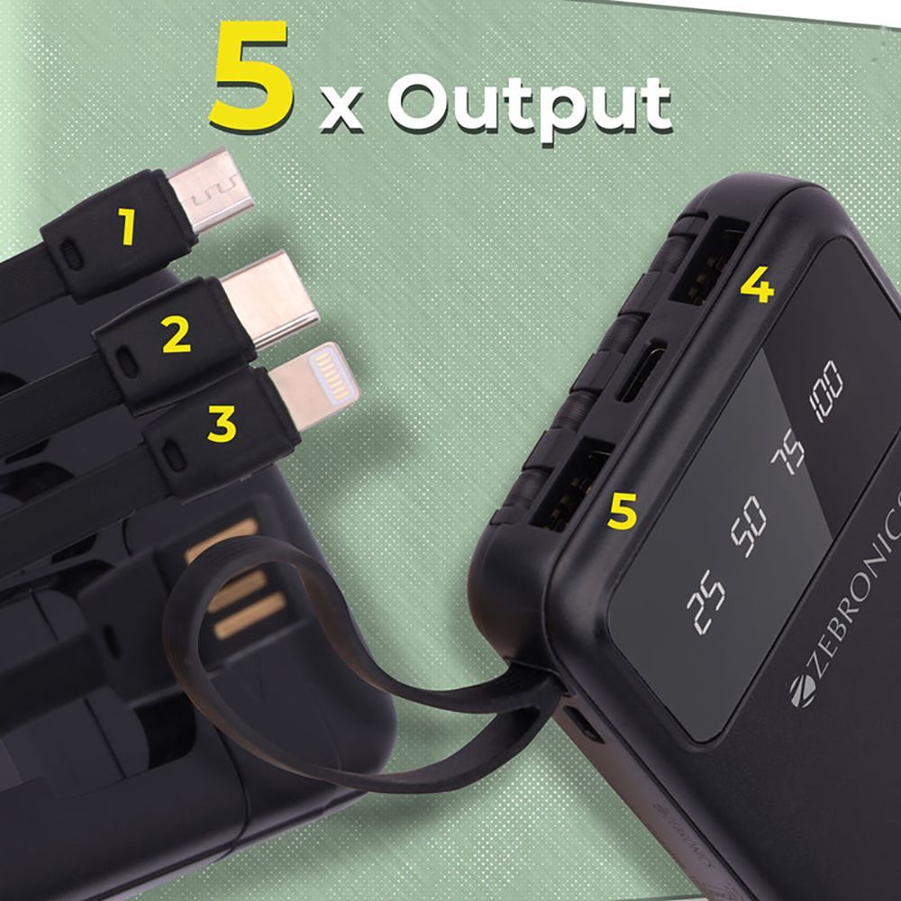 ZEBRONICS 10000 mAh Power Bank (3 Type A, 2 Type C 2 Micro USB & 1 Lighting Port, Percentage LED Display, Black)_5