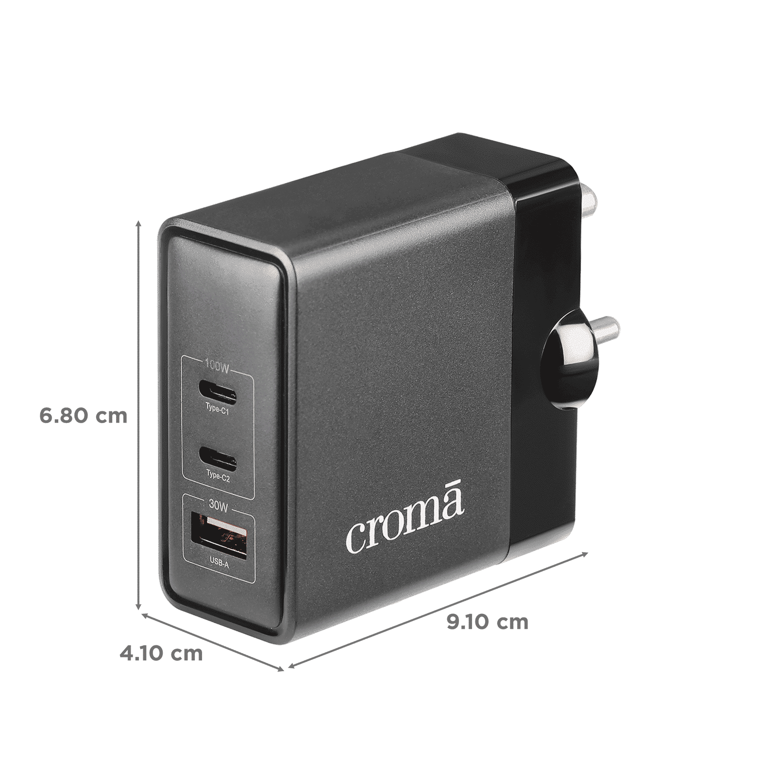 Croma 100W Type A & Type C 3-Port Fast Charger (Adapter Only, Advanced GaN Technology, Black)_2