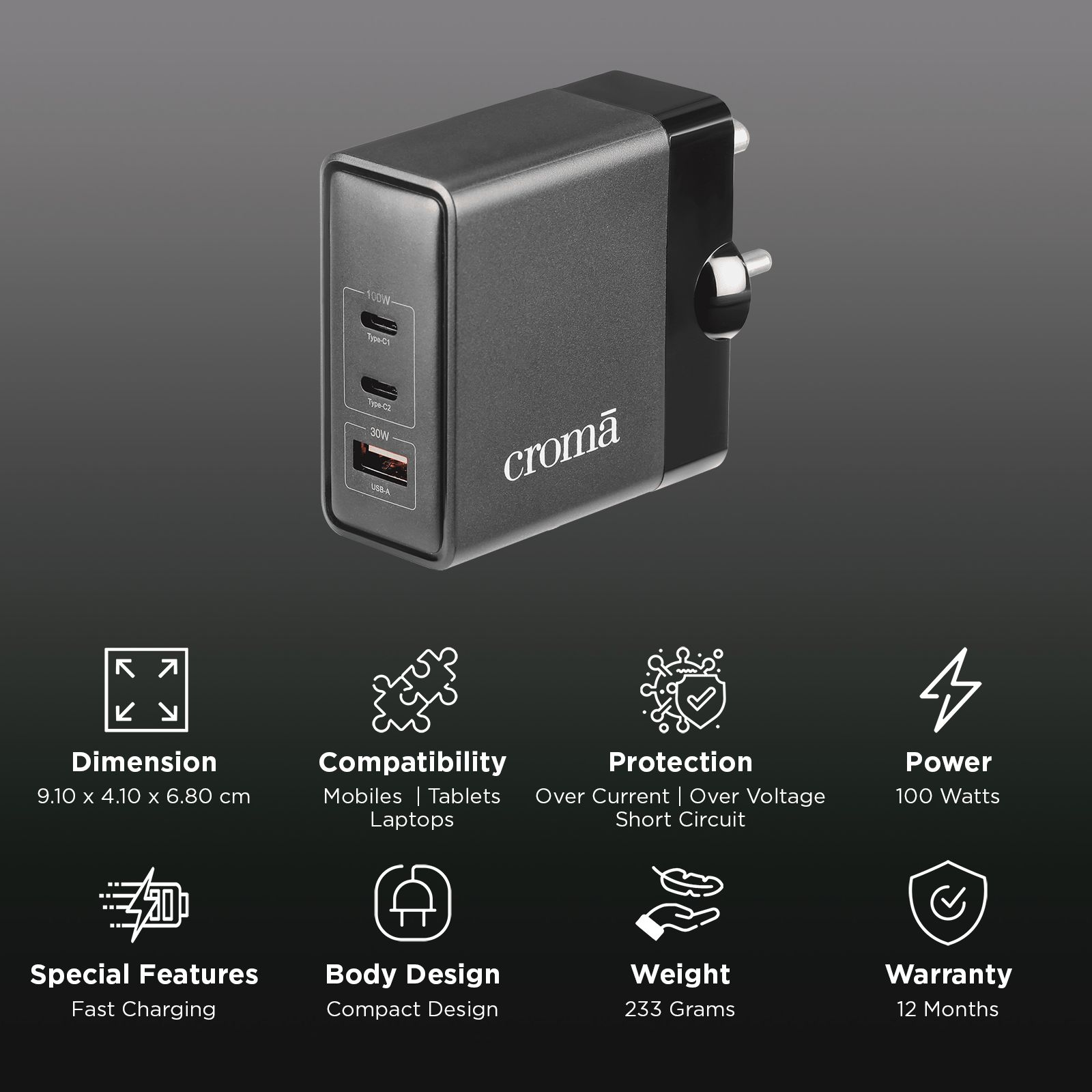 Croma 100W Type A & Type C 3-Port Fast Charger (Adapter Only, Advanced GaN Technology, Black) Croma 100W Type A & Type C 3-Port Fast Charger (Adapter Only, Advanced GaN Technology, Black)_3