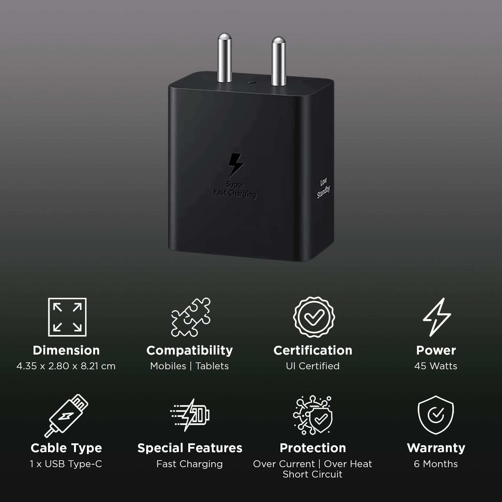 SAMSUNG 45W Type C Super Fast Charger (Adapter Only, Smart IC Technology, Black)_3