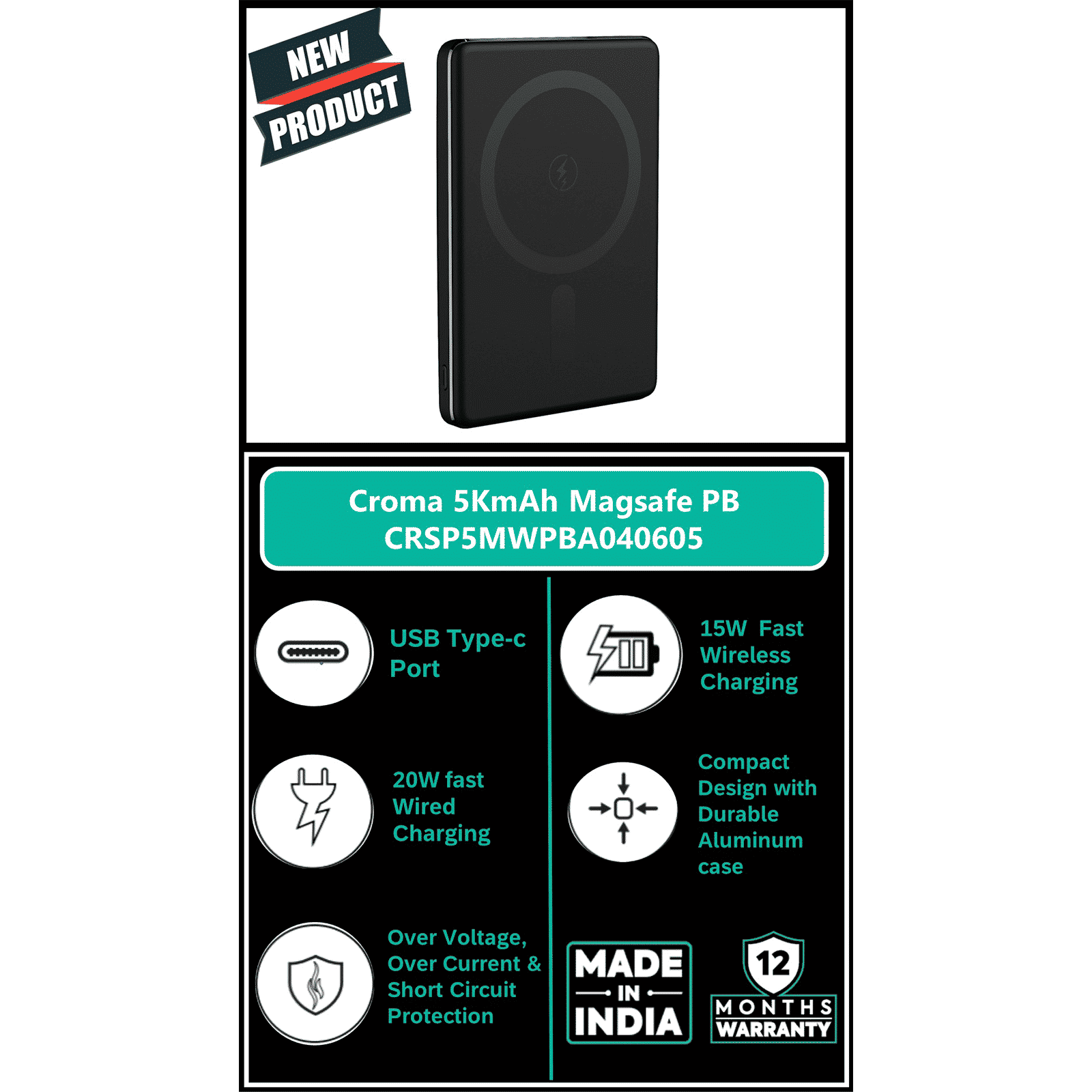 Croma 5000 mAh 20W Fast Charging Power Bank (1 Type C Port, Aluminium Casing, Short Circuit Protection, Black)_7