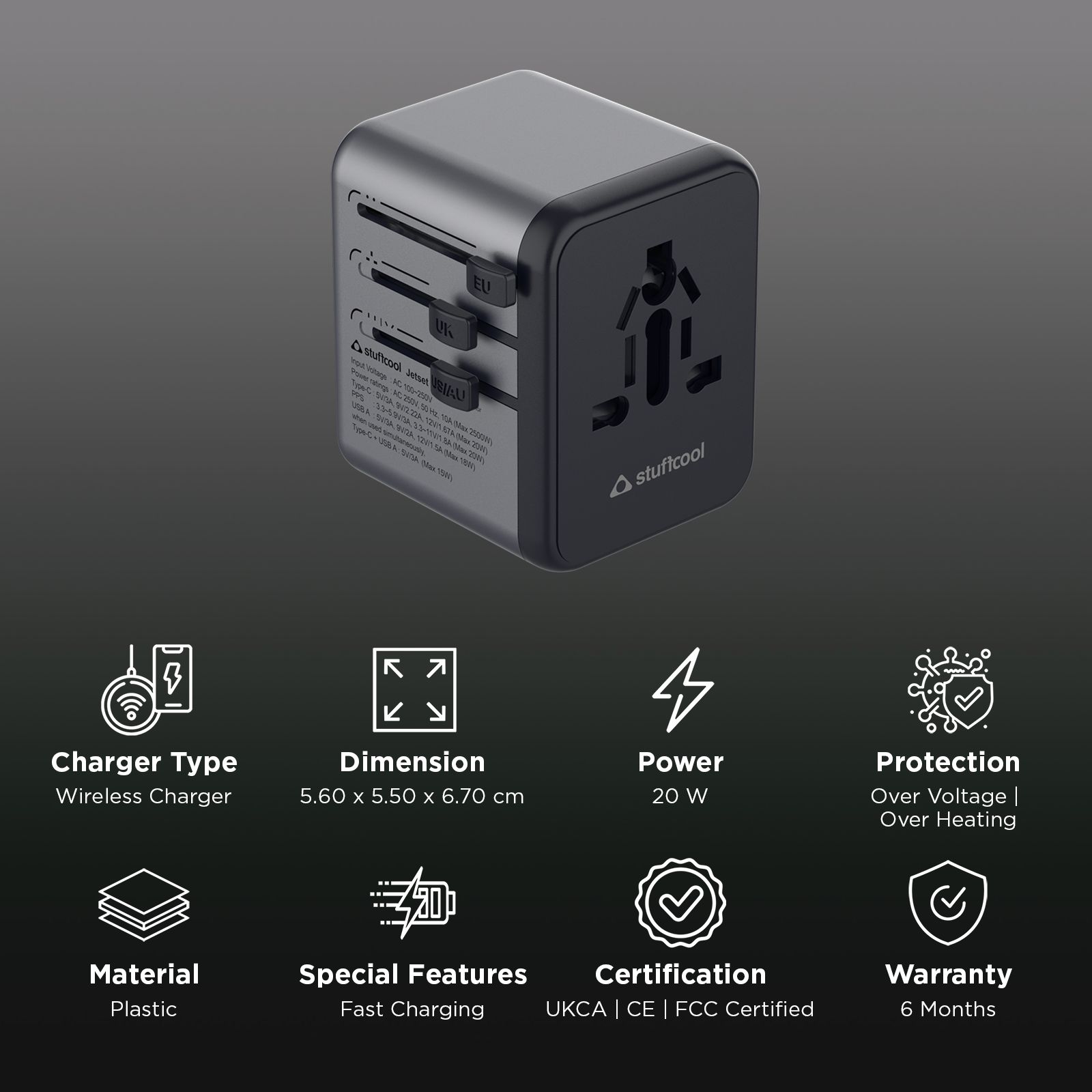 stuffcool Jetset 20W Type A & Type C 2-Port World Travel Adapter (Adapter Only, Quick Charge 3.0, Grey)_2