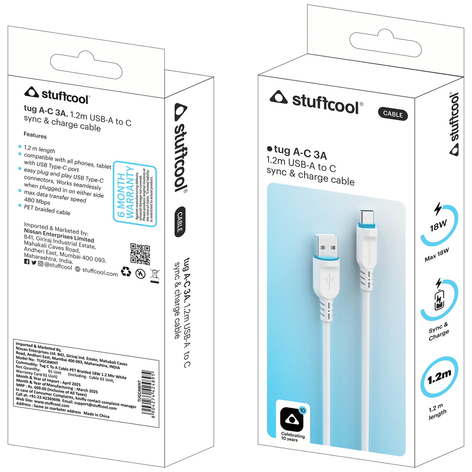 stuffcool Tug Type C to Type A 3.93 Feet (1.2M) Cable (Sync & Charge, White)_3