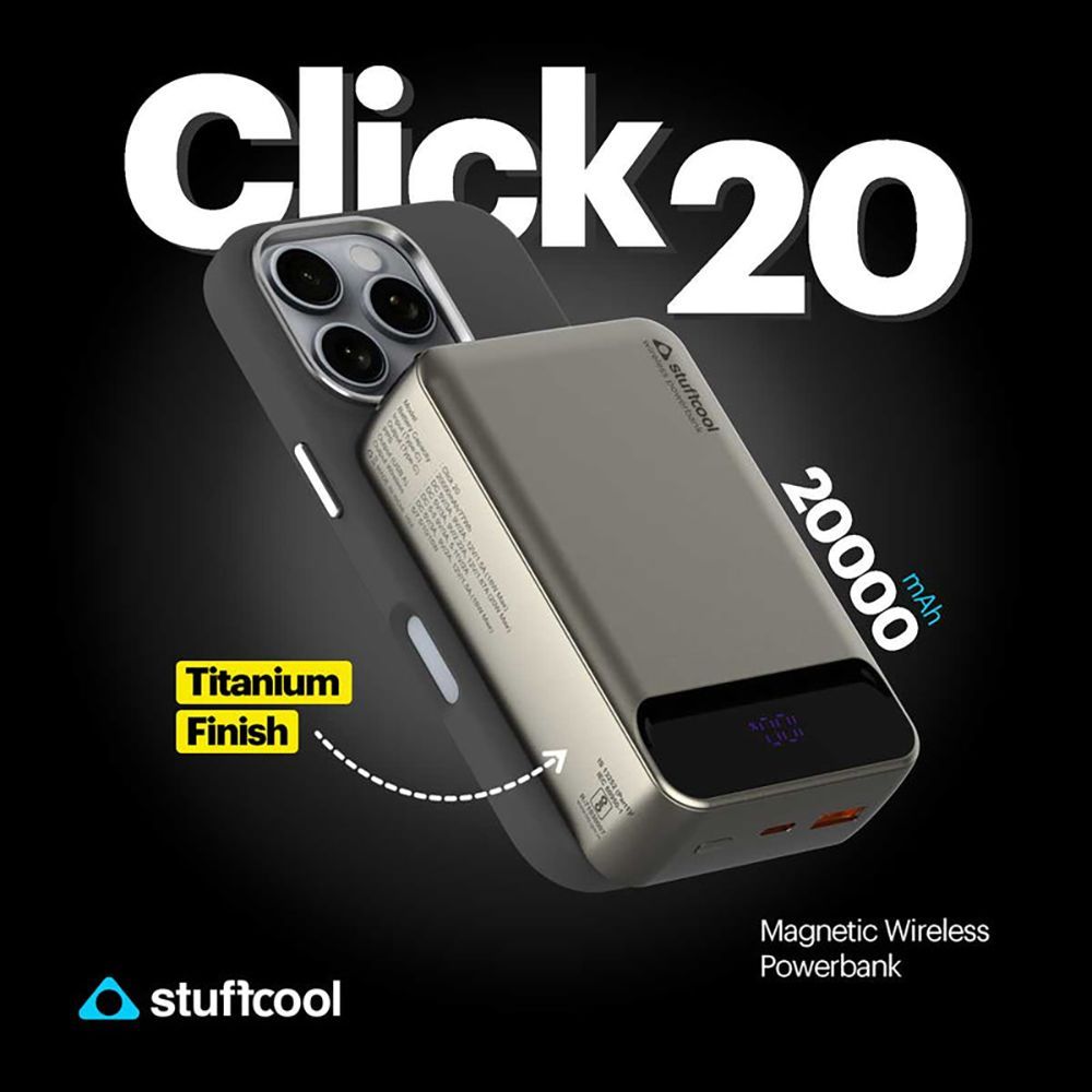 stuffcool Click 20 20000 mAh 20W Fast Charging Power Bank (1 Type A Port, 1 Type C Port, LED Display, Titanium)_9