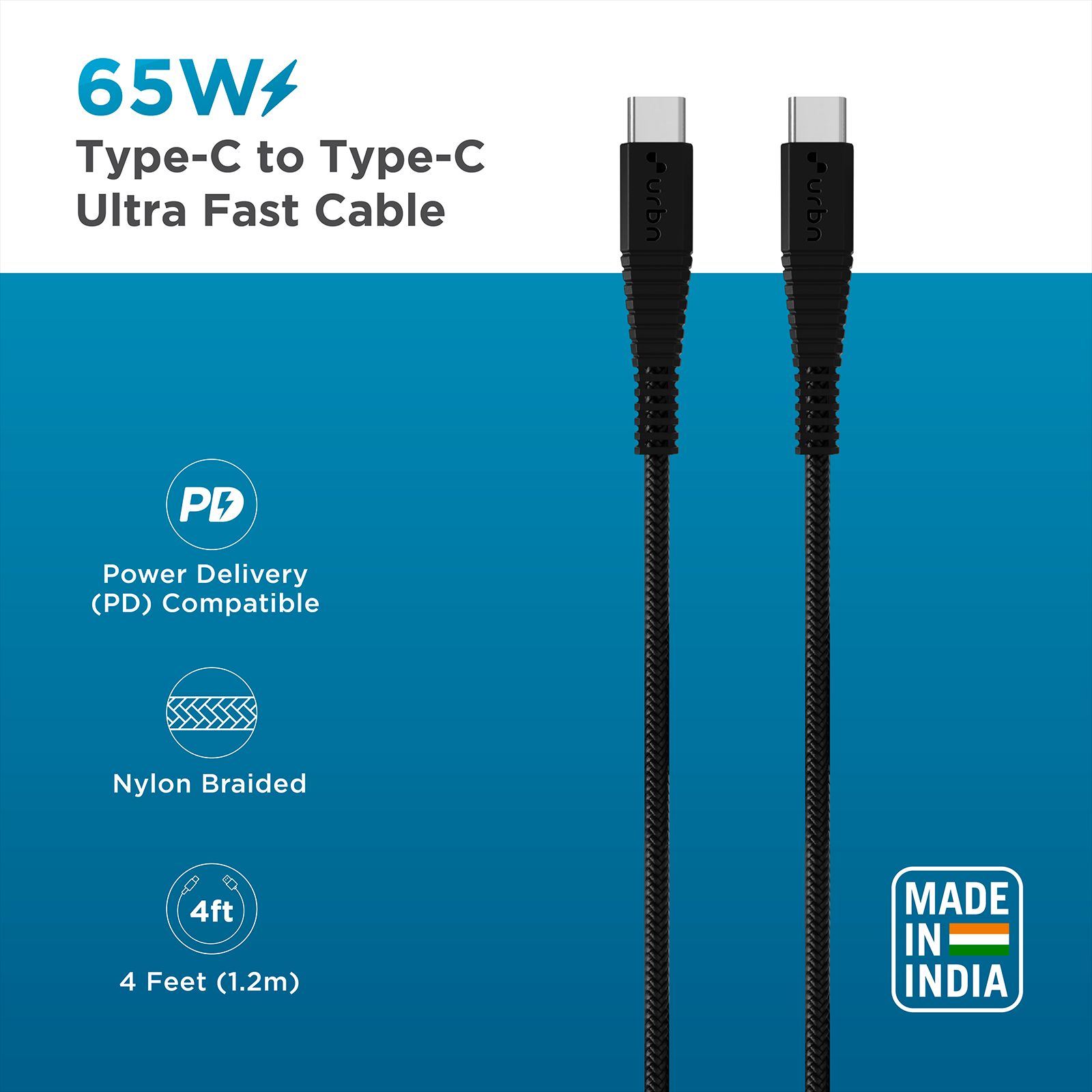 urbn UPC256 Type C to Type C 4.5 Feet (1.4M) Cable (Fast Charging, Black) urbn UPC256 Type C to Type C 4.5 Feet (1.4M) Cable (Fast Charging, Black)_2
