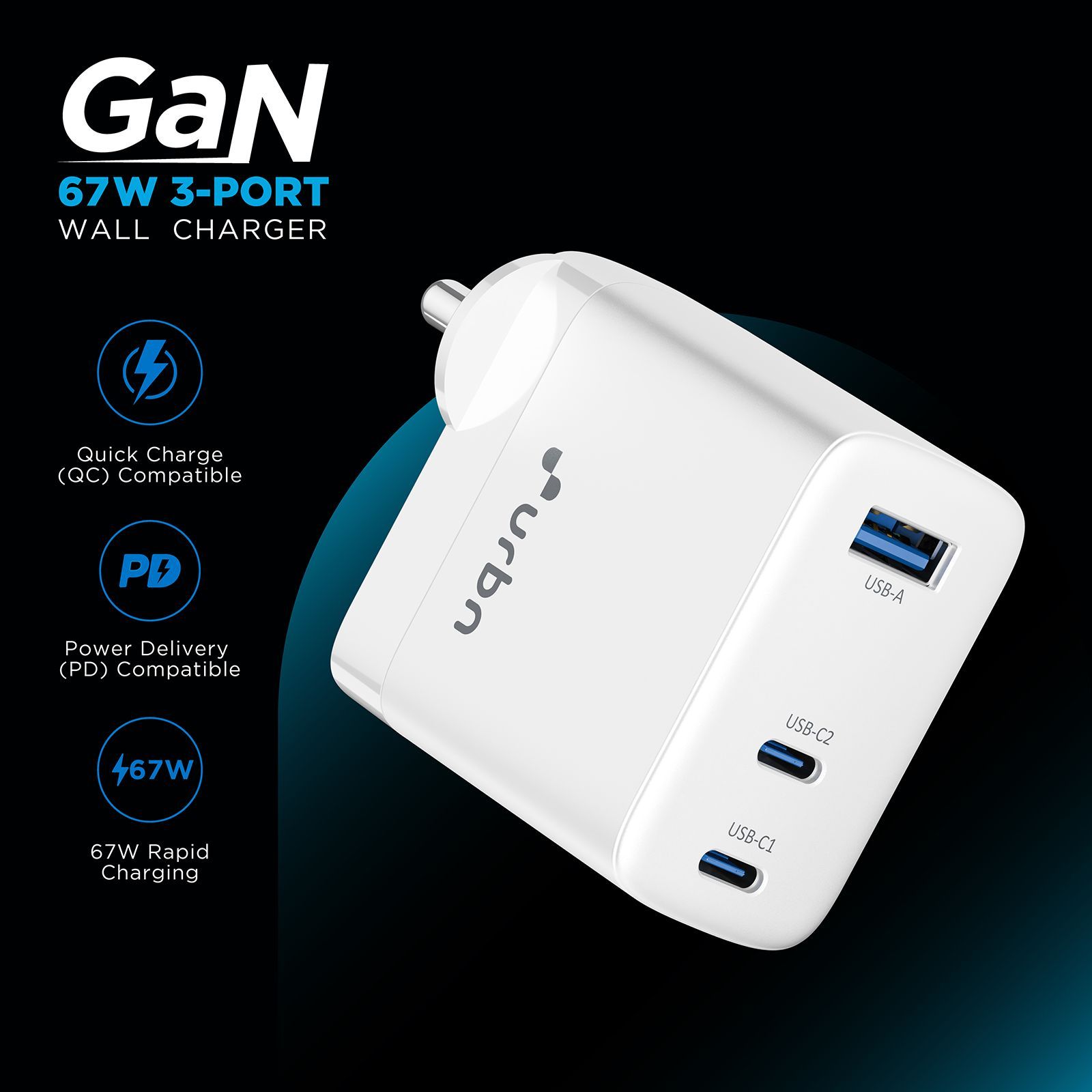 urbn UWA670 67W Type A & Type C 3-Port Fast Charger (Adapter Only, GaN Pro Technology, White)_4