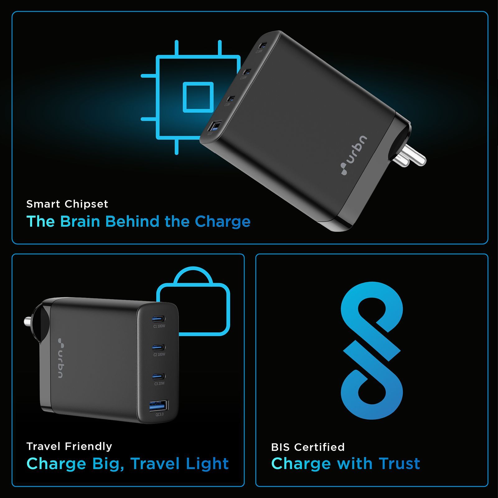 urbn UWA100 100W Type A & Type C 4-Port Fast Charger (Adapter Only, GaN Pro Technology, Black)_10