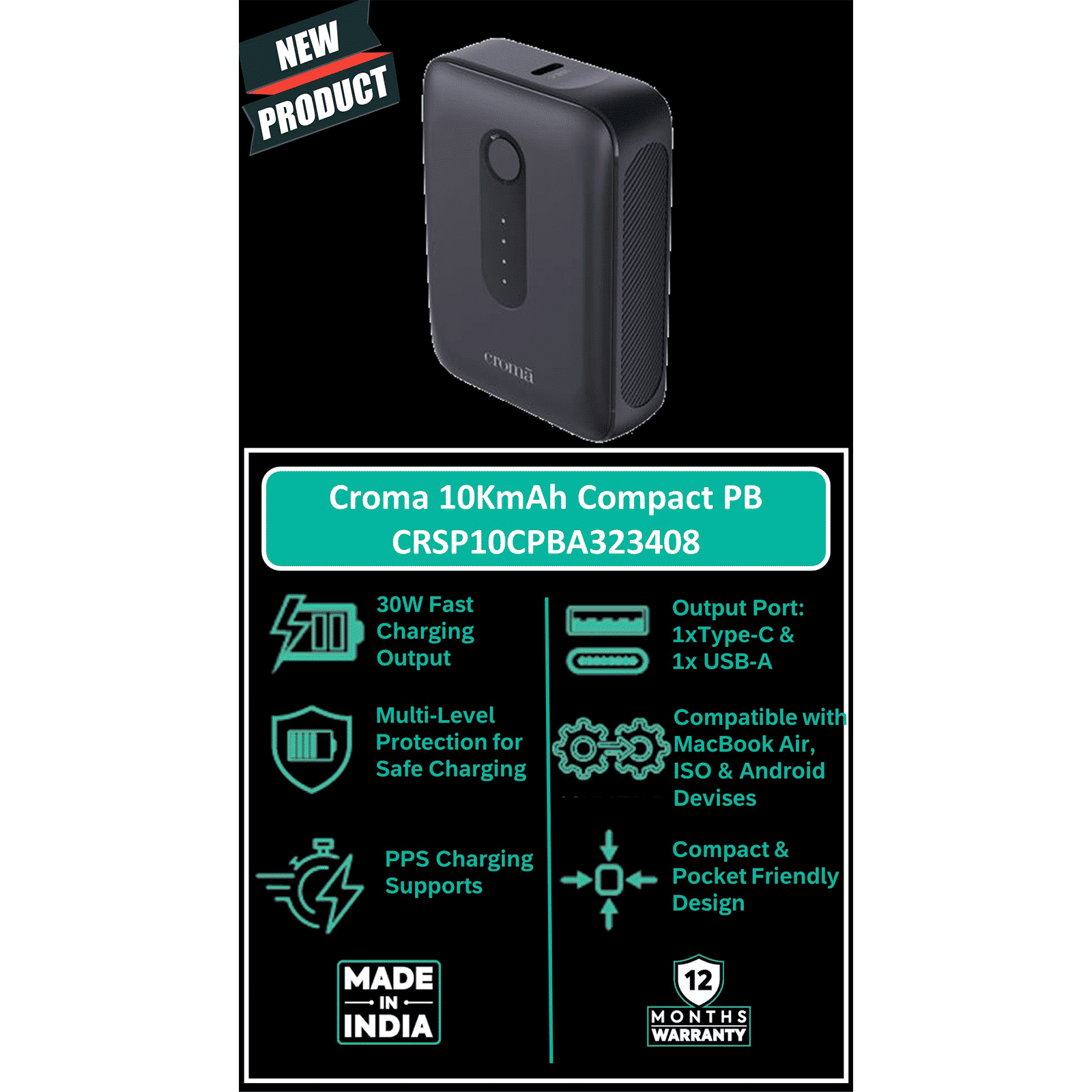 Croma Compact 10000 mAh 30W Fast Charging Power Bank (1 Type A & 1 Type C Port, Multi-Level Protection for Safe Charging, Black)_8