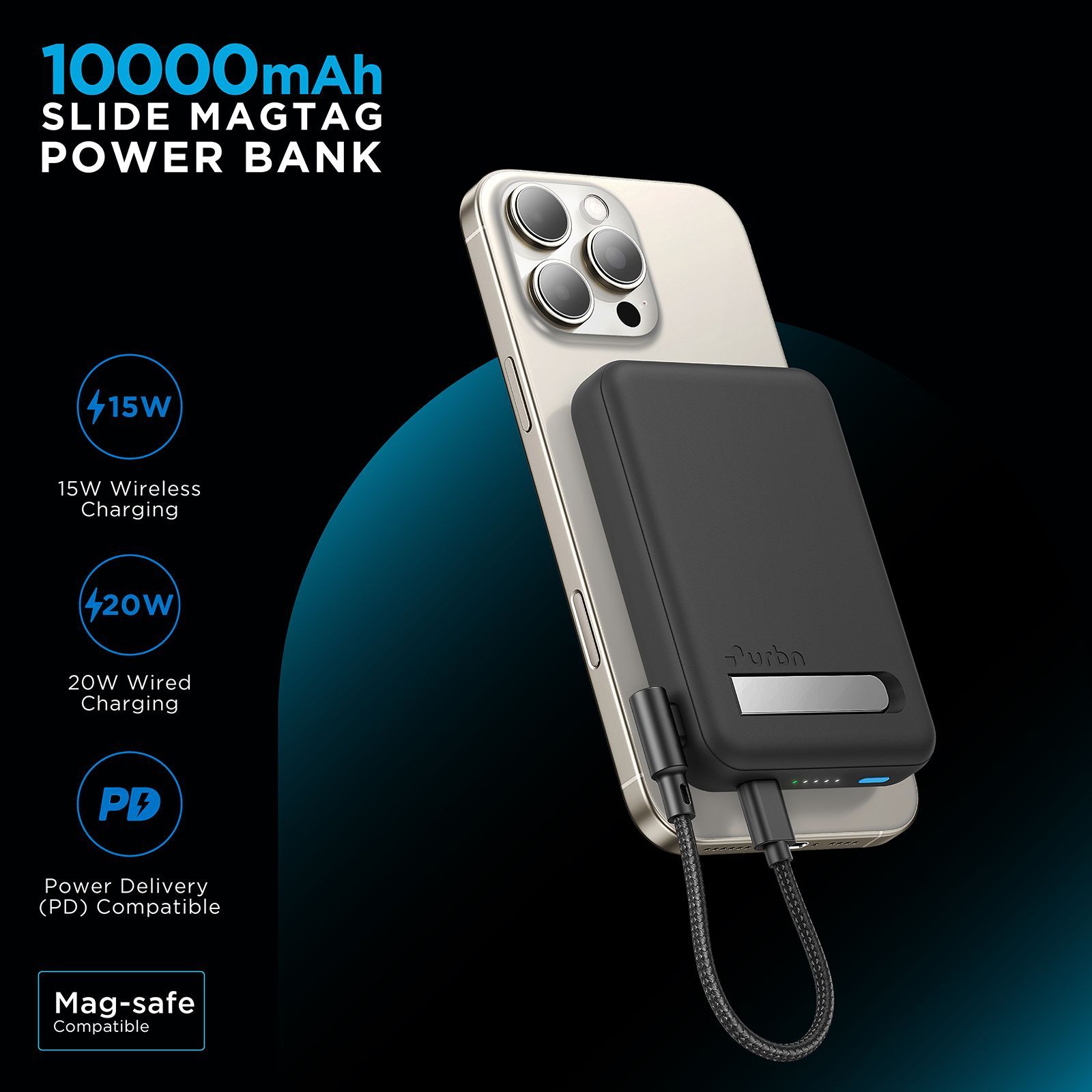 urbn Slide MagTag 10000 mAh 20W Fast Charging Power Bank (2 Type C Ports, LED Indicator, Black)_8