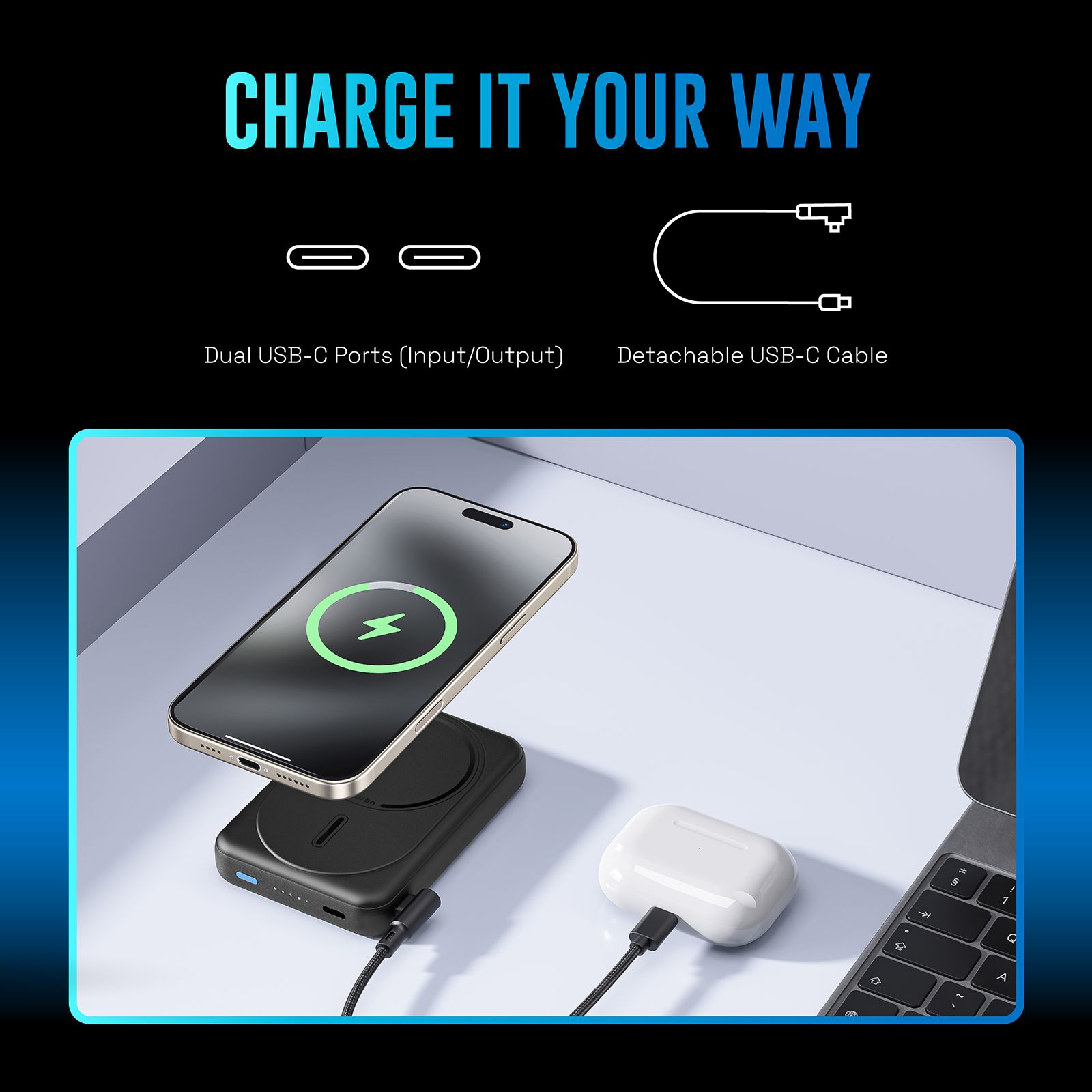 urbn Slide MagTag 10000 mAh 20W Fast Charging Power Bank (2 Type C Ports, LED Indicator, Black)_12