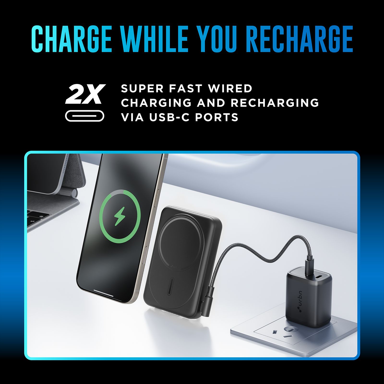 urbn Slide MagTag 10000 mAh 20W Fast Charging Power Bank (2 Type C Ports, LED Indicator, Black)_5