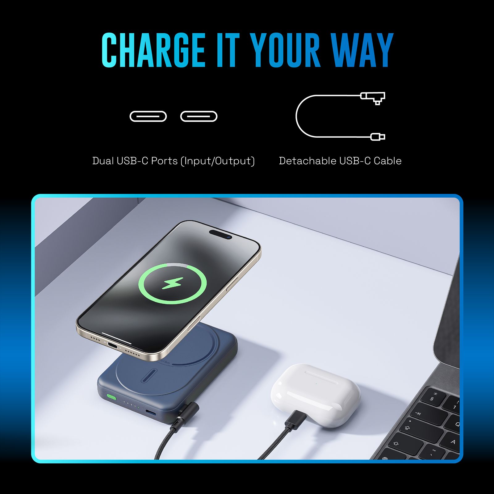 urbn Slide MagTag 10000 mAh 20W Fast Charging Power Bank (2 Type C Ports, LED Indicator, Blue)_9