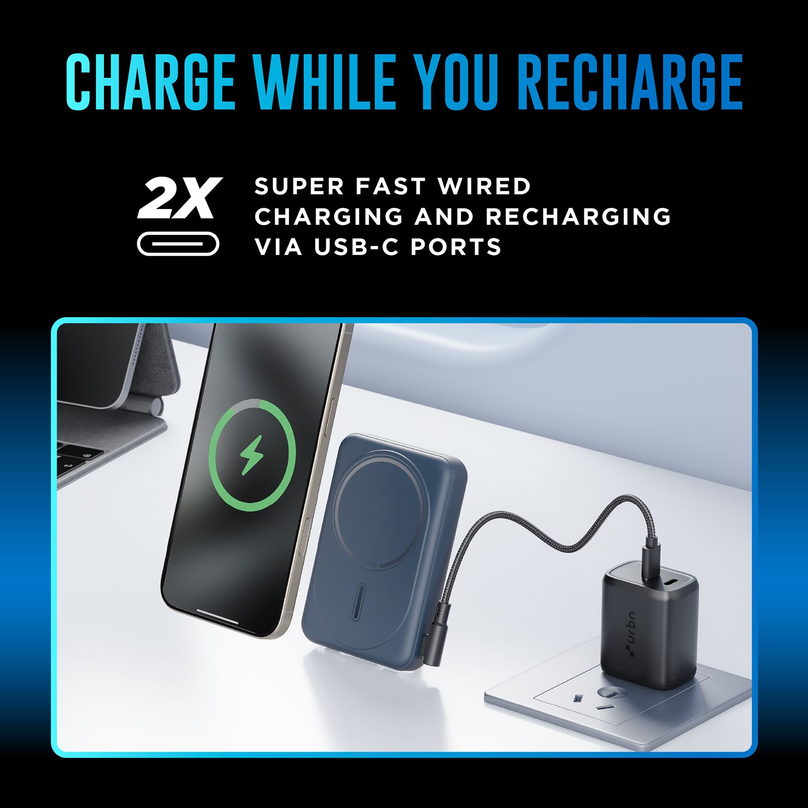 urbn Slide MagTag 10000 mAh 20W Fast Charging Power Bank (2 Type C Ports, LED Indicator, Blue)_10