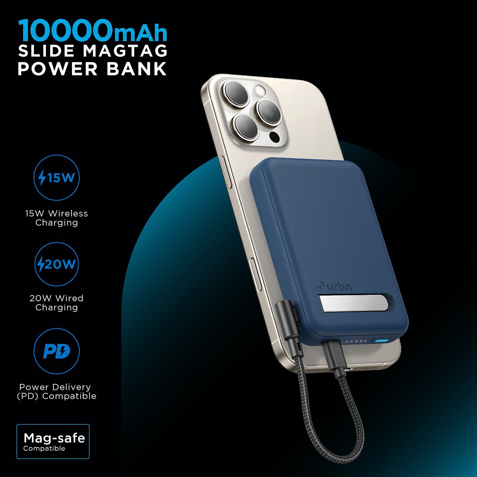 urbn Slide MagTag 10000 mAh 20W Fast Charging Power Bank (2 Type C Ports, LED Indicator, Blue)_13