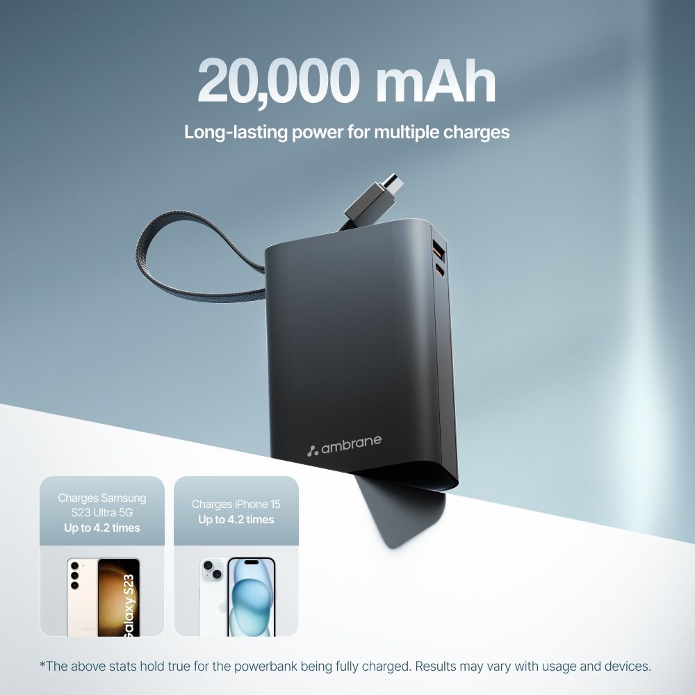 ambrane MiniCharge 20 20000 mAh 22.5W Fast Charging Power Bank (1 Type A Port, 1 Type C Port, Metallic Finish, SafeCharge Technology, Black & Grey)_8