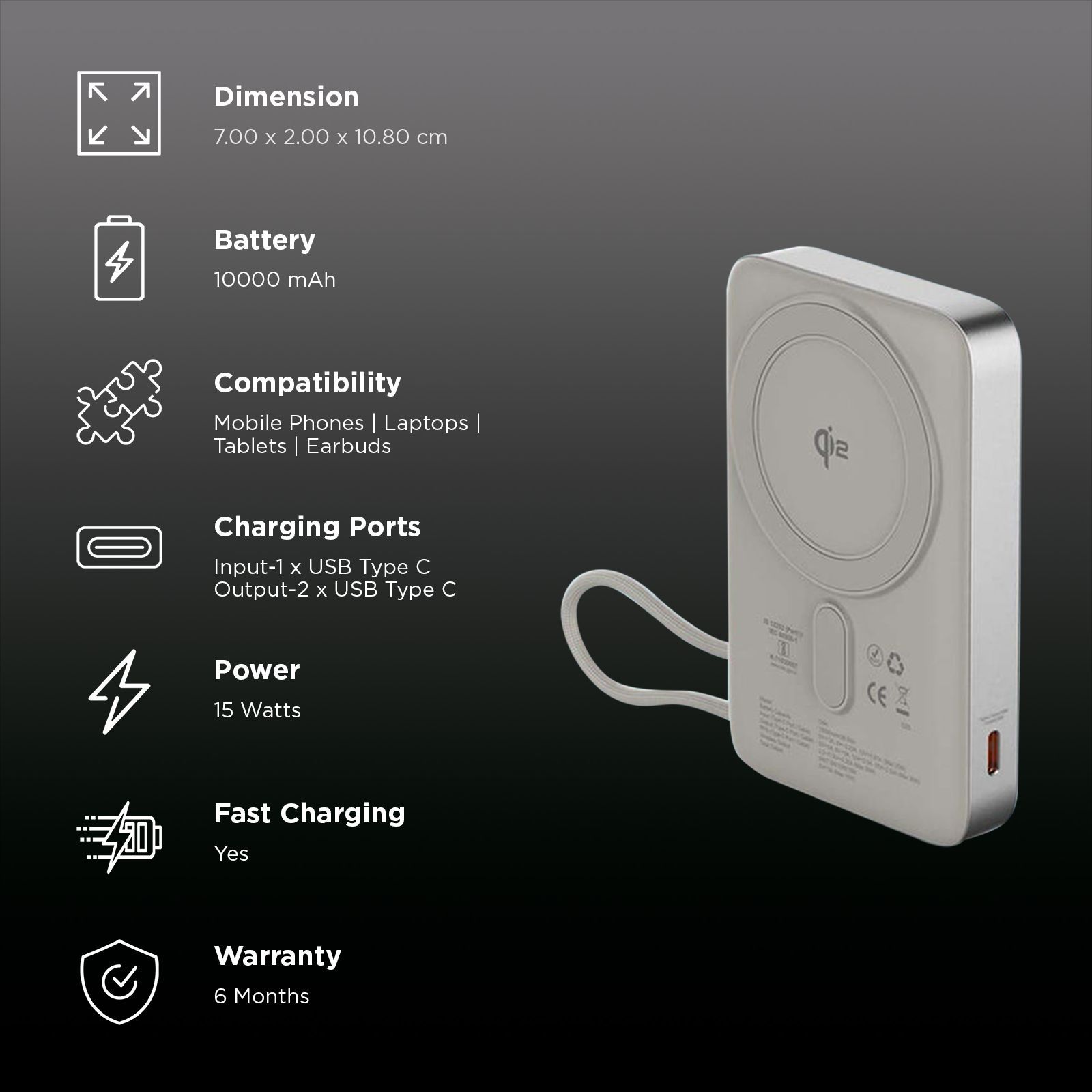 Stuffcool Odin 10000 mAh 35W Fast Charging Power Bank (2 Type C, Qi2 Magsafe, Digital Display, Silver) Stuffcool Odin 10000 mAh 35W Fast Charging Power Bank (2 Type C, Qi2 Magsafe, Digital Display, Silver)_3
