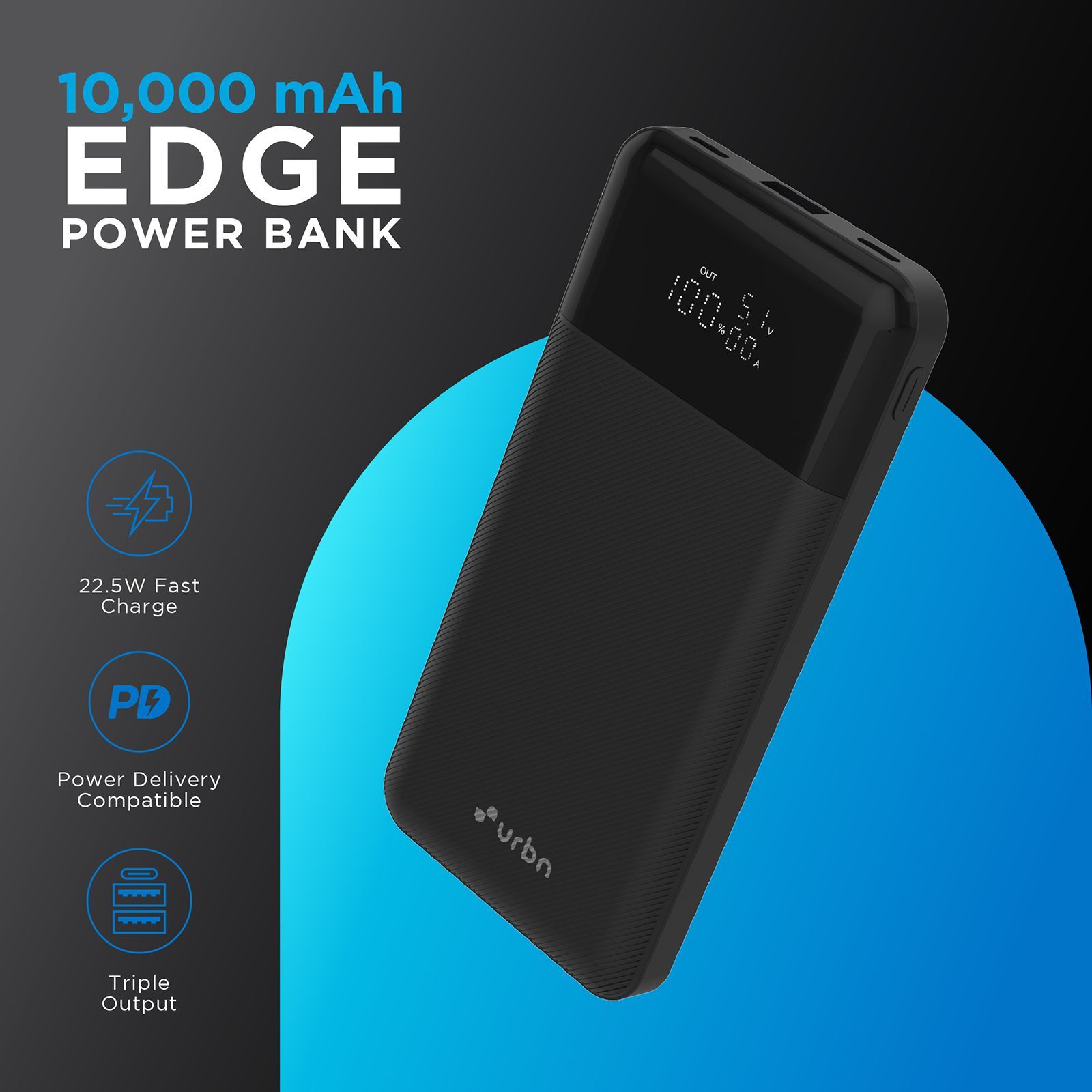 urbn Edge 10000 mAh 22.5W Fast Charging Power Bank (1 Type A & 2 Type C Port, 12 Layer Circuit Protection, Black)_2
