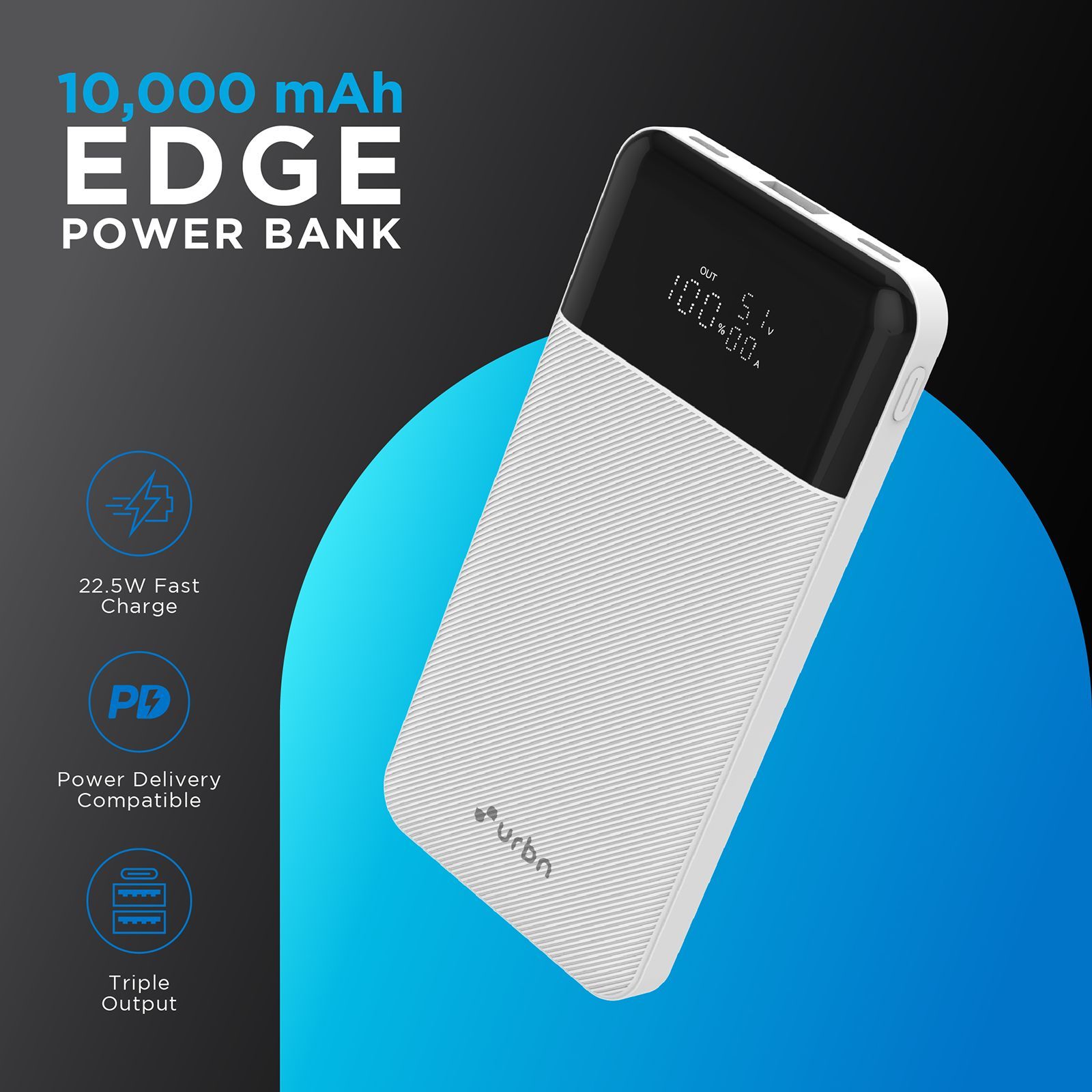 urbn Edge 10000 mAh 22.5W Fast Charging Power Bank (1 Type A & 2 Type C Port, 12 Layer Circuit Protection, White)_2
