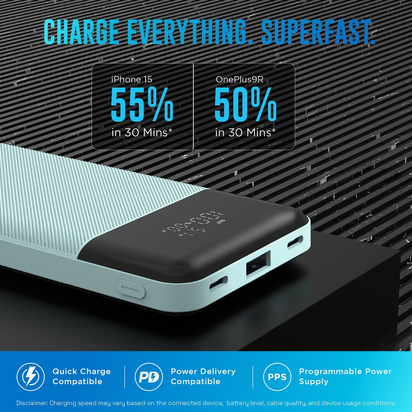 urbn Edge 10000 mAh 22.5W Fast Charging Power Bank (1 Type A & 2 Type C Port, 12 Layer Circuit Protection, Teal)_4