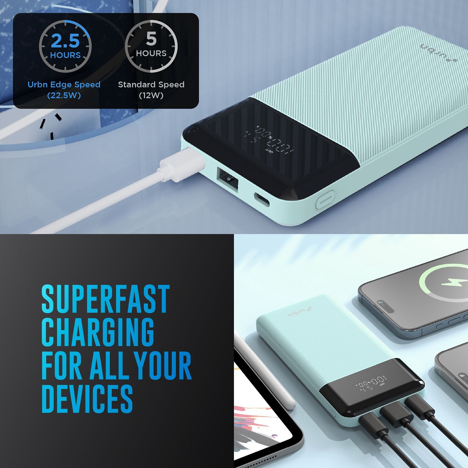 urbn Edge 10000 mAh 22.5W Fast Charging Power Bank (1 Type A & 2 Type C Port, 12 Layer Circuit Protection, Teal)_7