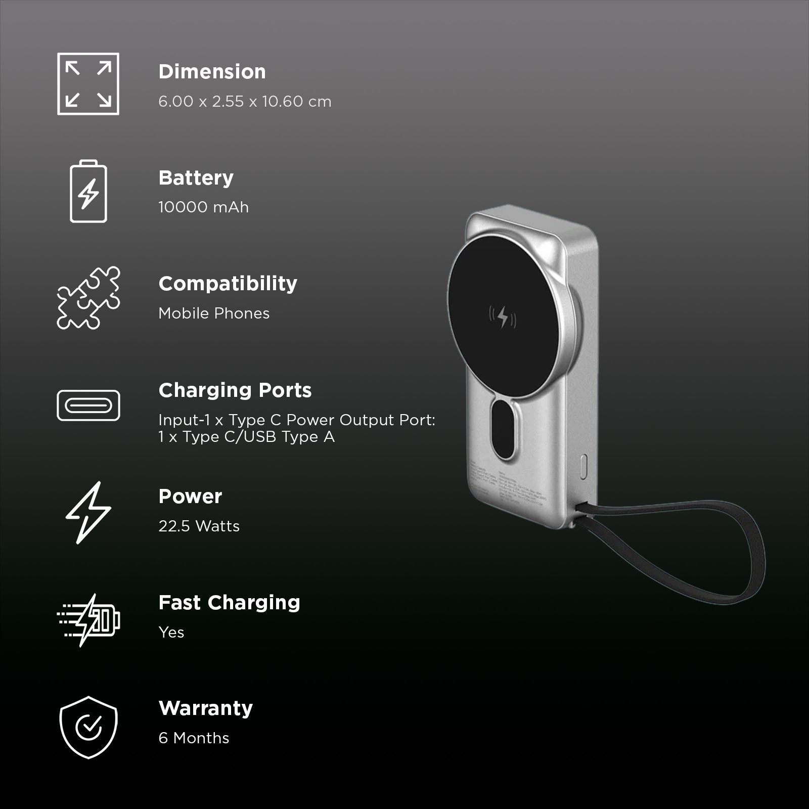 Stuffcool Nemo 10000 mAh 22.5W Fast Charging Power Bank (1 Type A Port, 1 Type C Port, Magsafe, Built-In Type-C Cable, Silver) Stuffcool Nemo 10000 mAh 22.5W Fast Charging Power Bank (1 Type A Port, 1 Type C Port, Magsafe, Built-In Type-C Cable, Silver)_3