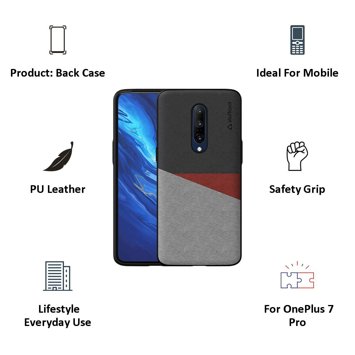 stuffcool Trio PU Leather Back Cover for OnePlus 7 Pro (Camera Protection, Black and Grey) stuffcool Trio PU Leather Back Cover for OnePlus 7 Pro (Camera Protection, Black and Grey)_5