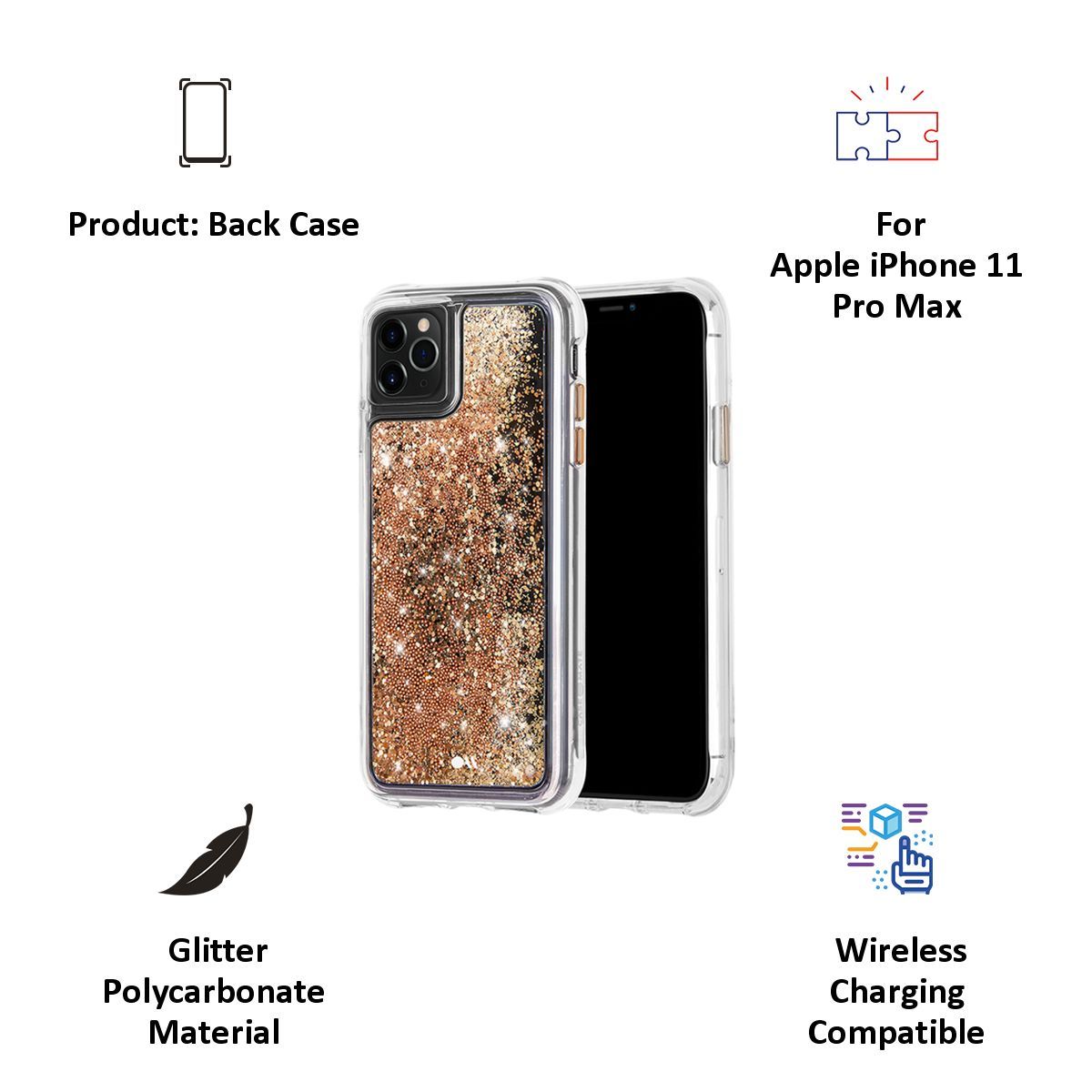 Case-Mate Waterfall Glitter Polycarbonate Back Cover for Apple iPhone 11 Pro Max (Wireless Charging Compatible, Gold)_6