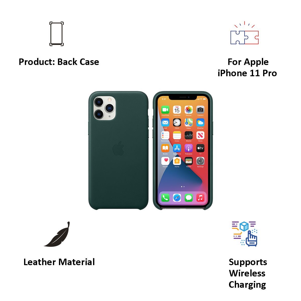 Apple MWYC2ZM/A European Leather Back Cover for iPhone 11 Pro (Microfiber Lining, Forest Green)_2
