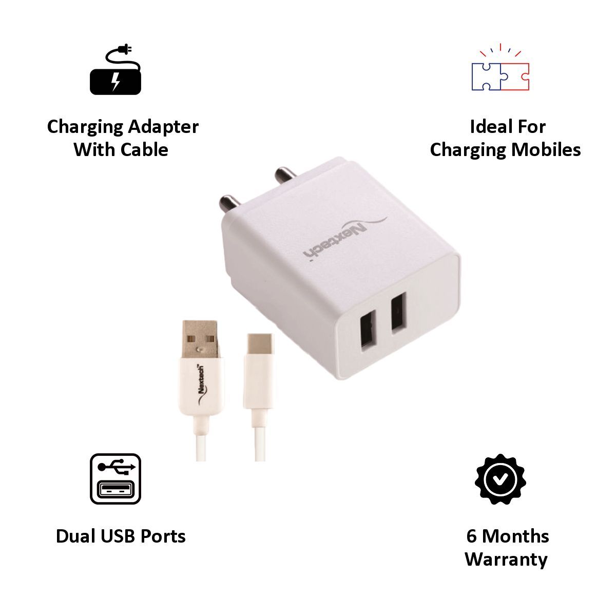 Nextech 2-Port Fast Charger (Type A to Micro USB Cable, White)_6