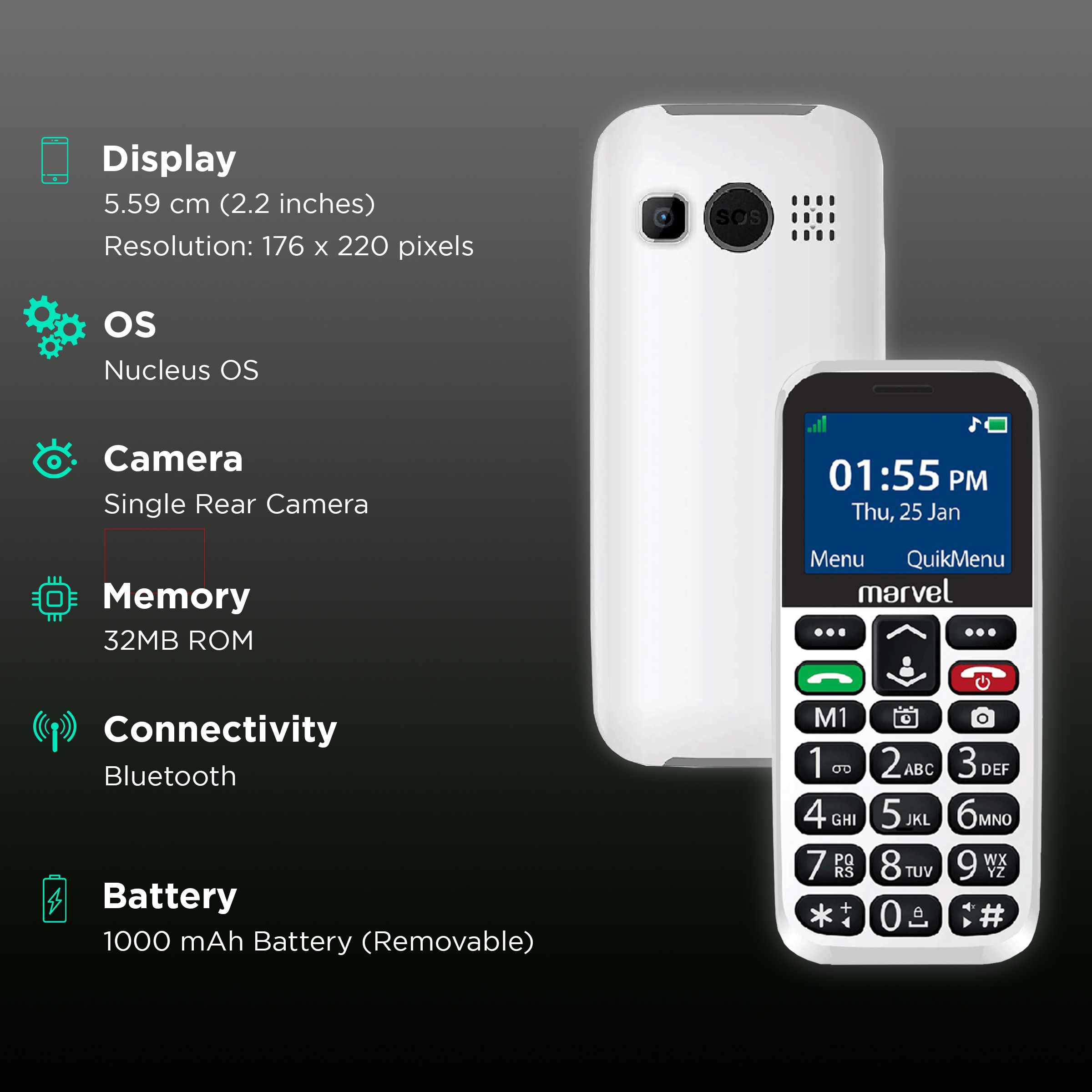 easyfone Marvel B1809 (32MB, Dual SIM, Rear Camera, White)_2