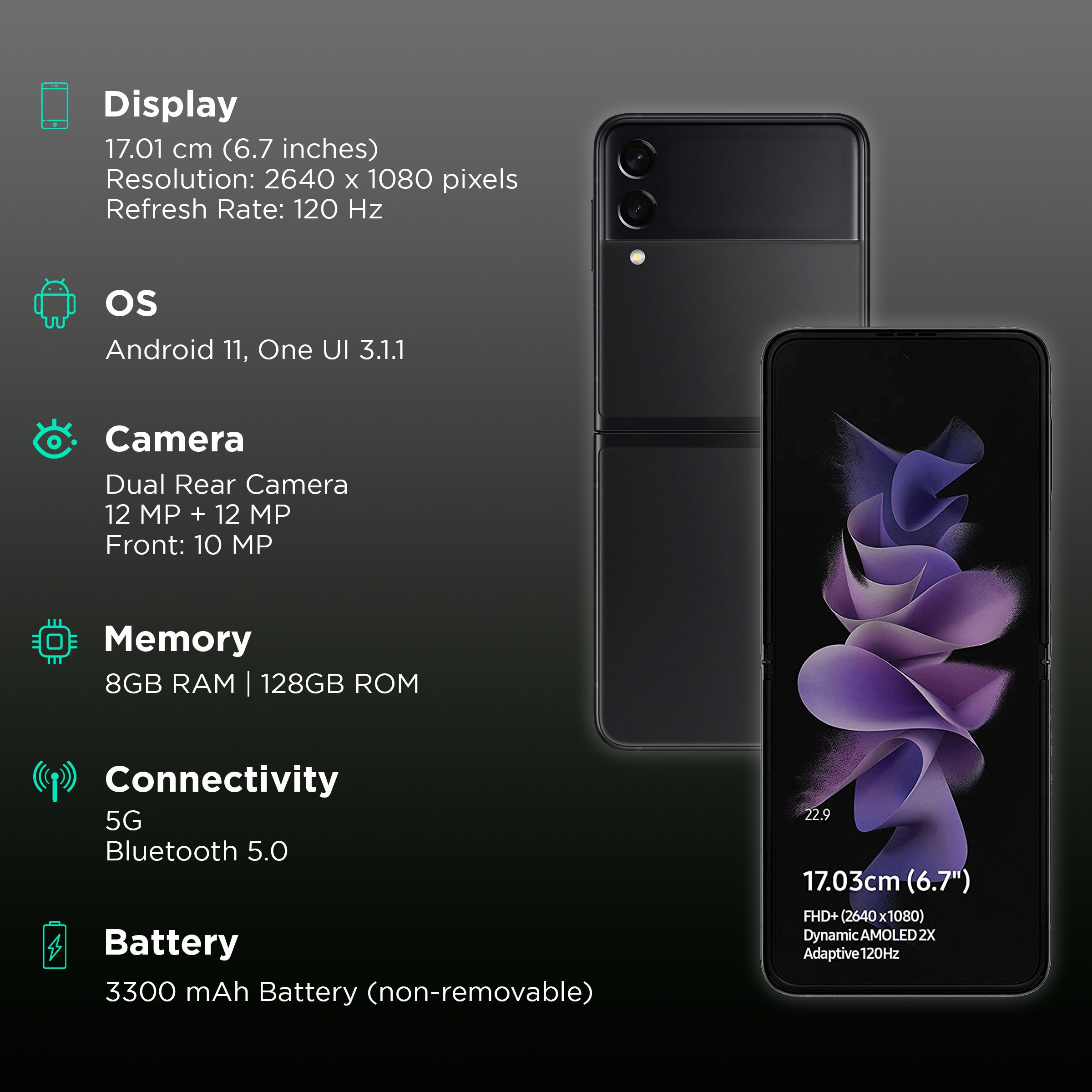 SAMSUNG Galaxy Z Flip 3 5G (8GB RAM, 128GB, Phantom Black)_3