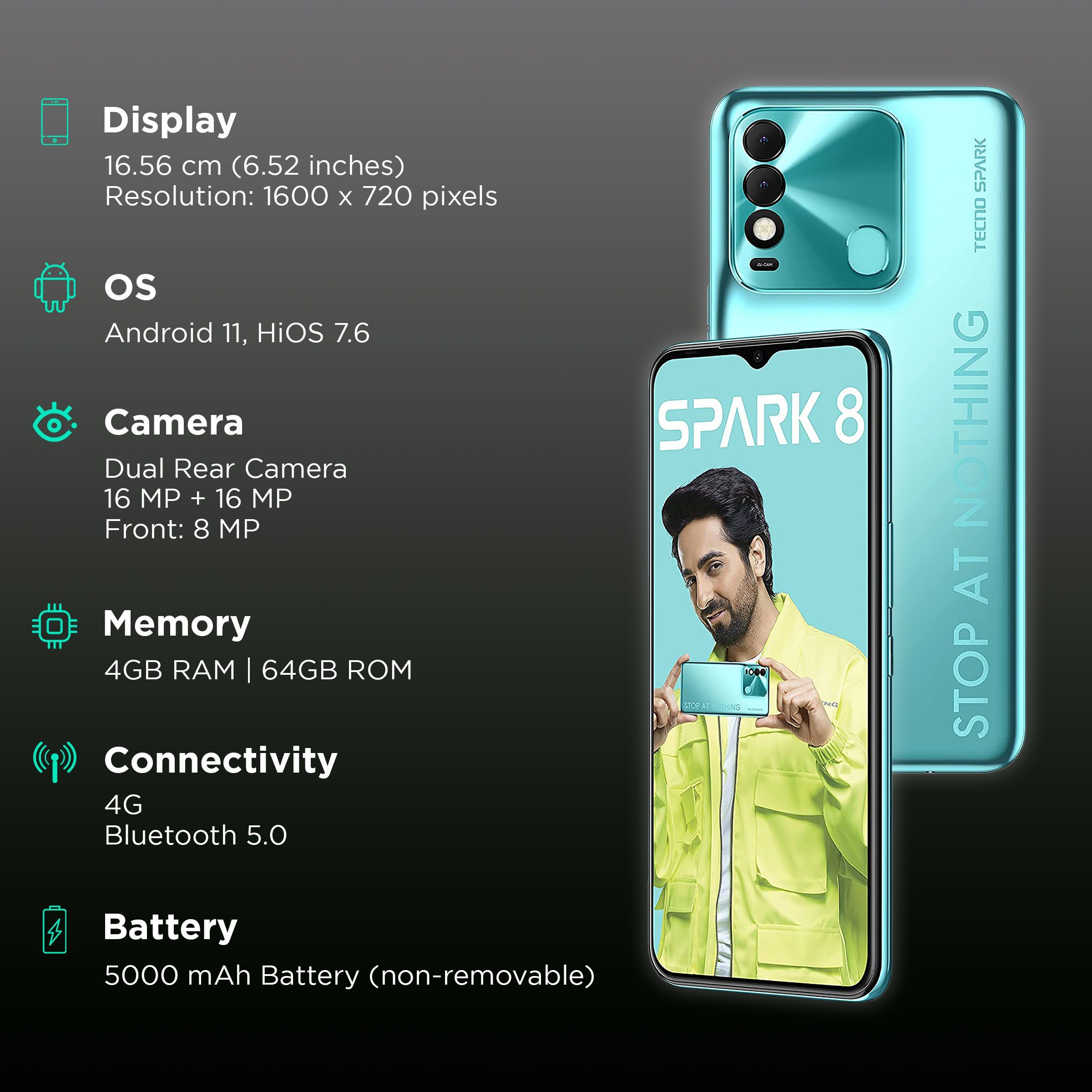 TECNO Spark 8 (4GB RAM, 64GB, Turquoise Cyan)_2