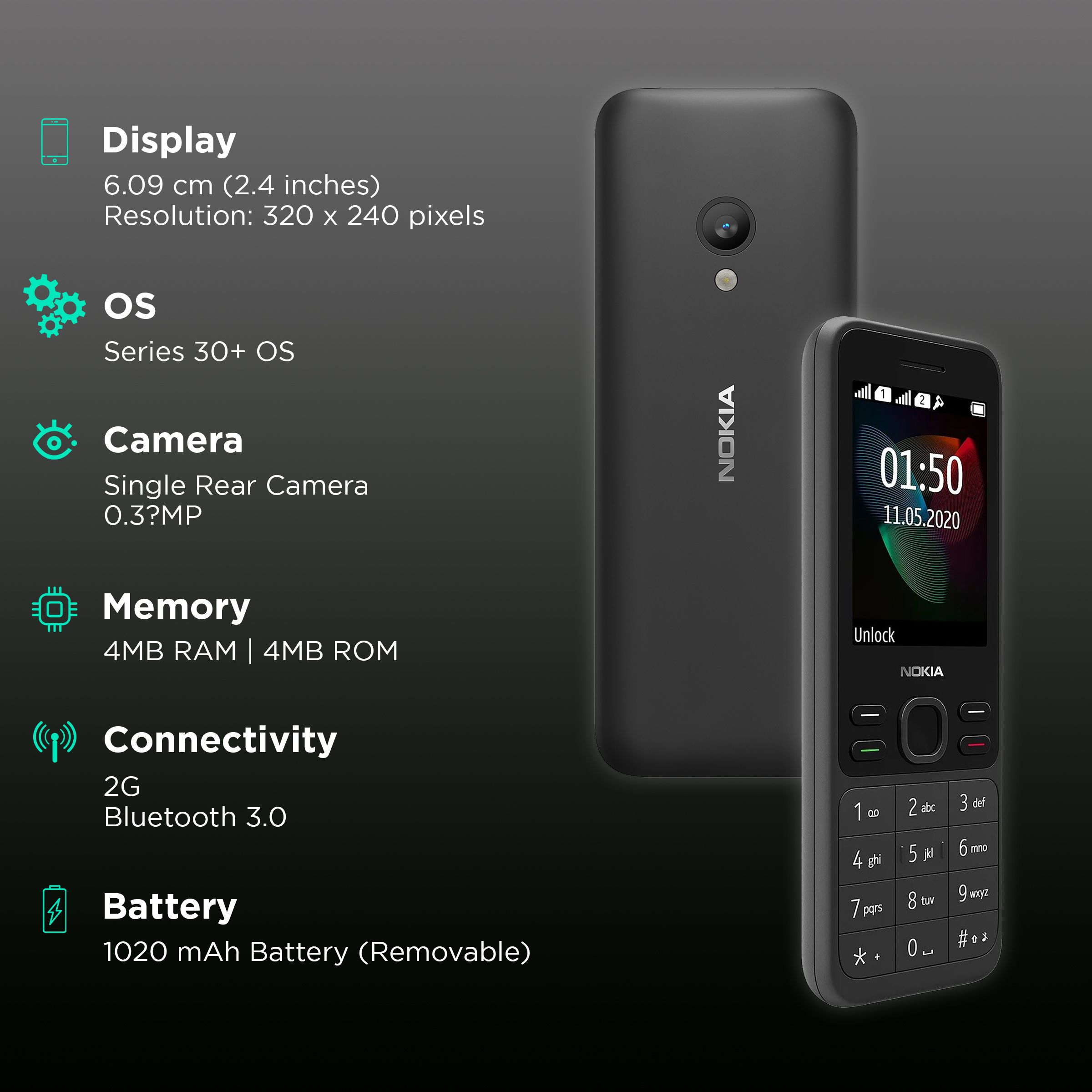 NOKIA 150 12GMNB21A01 (4MB, Dual SIM, Rear Camera, Black)_3