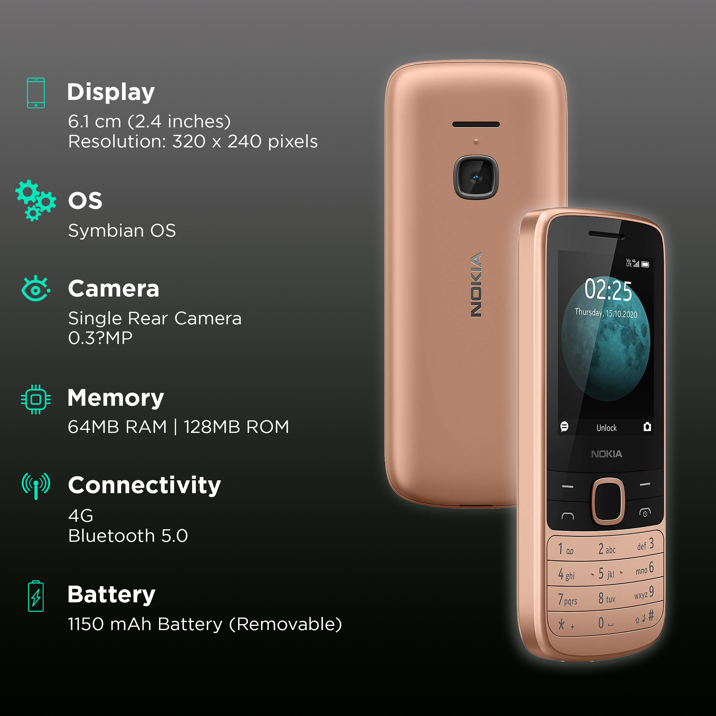 NOKIA 225 12QENG21A01 (128MB, Dual SIM, Rear Camera, Sand)_2
