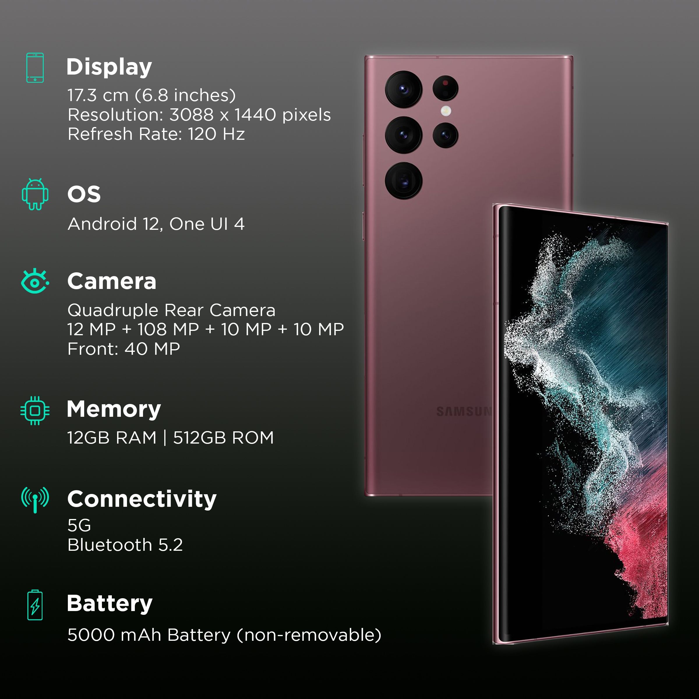 SAMSUNG Galaxy S22 Ultra 5G (12GB RAM, 512GB, Burgundy)_3