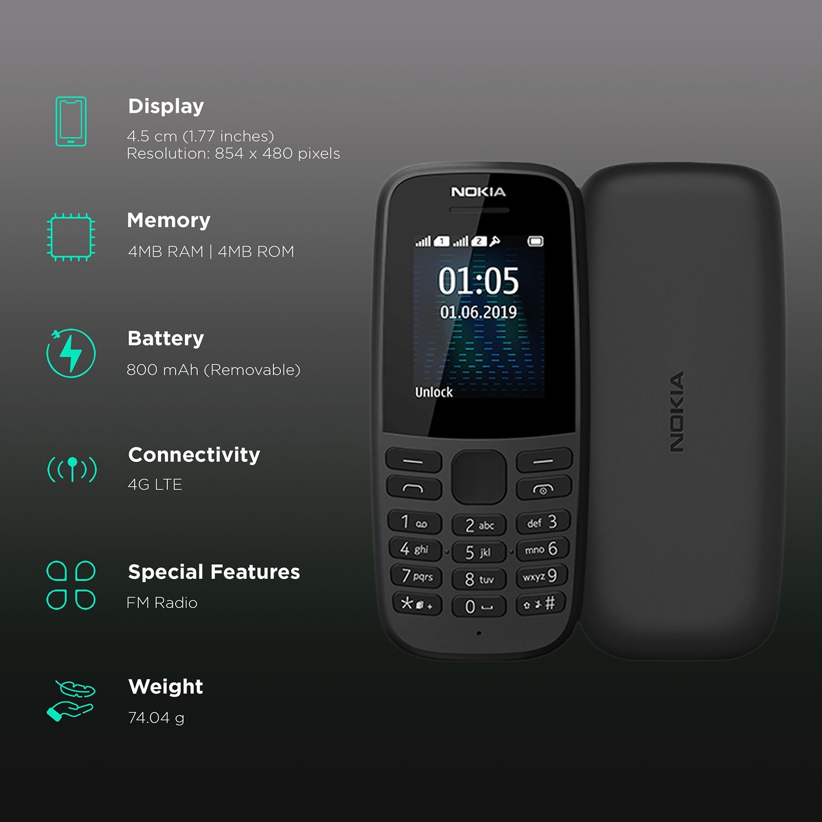NOKIA 105 12ASTB21A01 (4MB, Dual SIM, FM Radio, Charcoal Black)_2