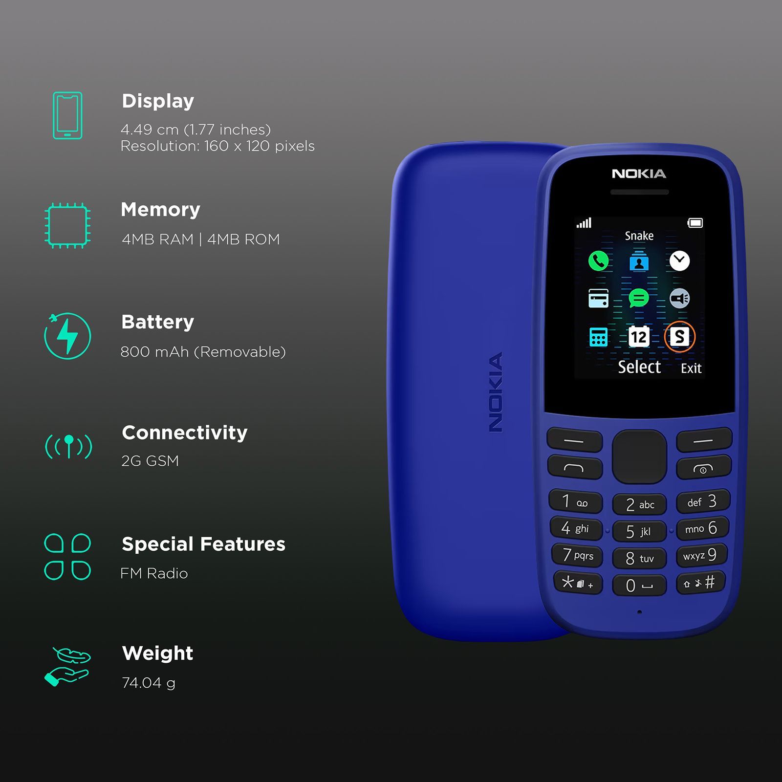 NOKIA 105 12ASTL21A01 (4MB, Dual SIM, FM Radio, Blue) NOKIA 105 12ASTL21A01 (4MB, Dual SIM, FM Radio, Blue)_3