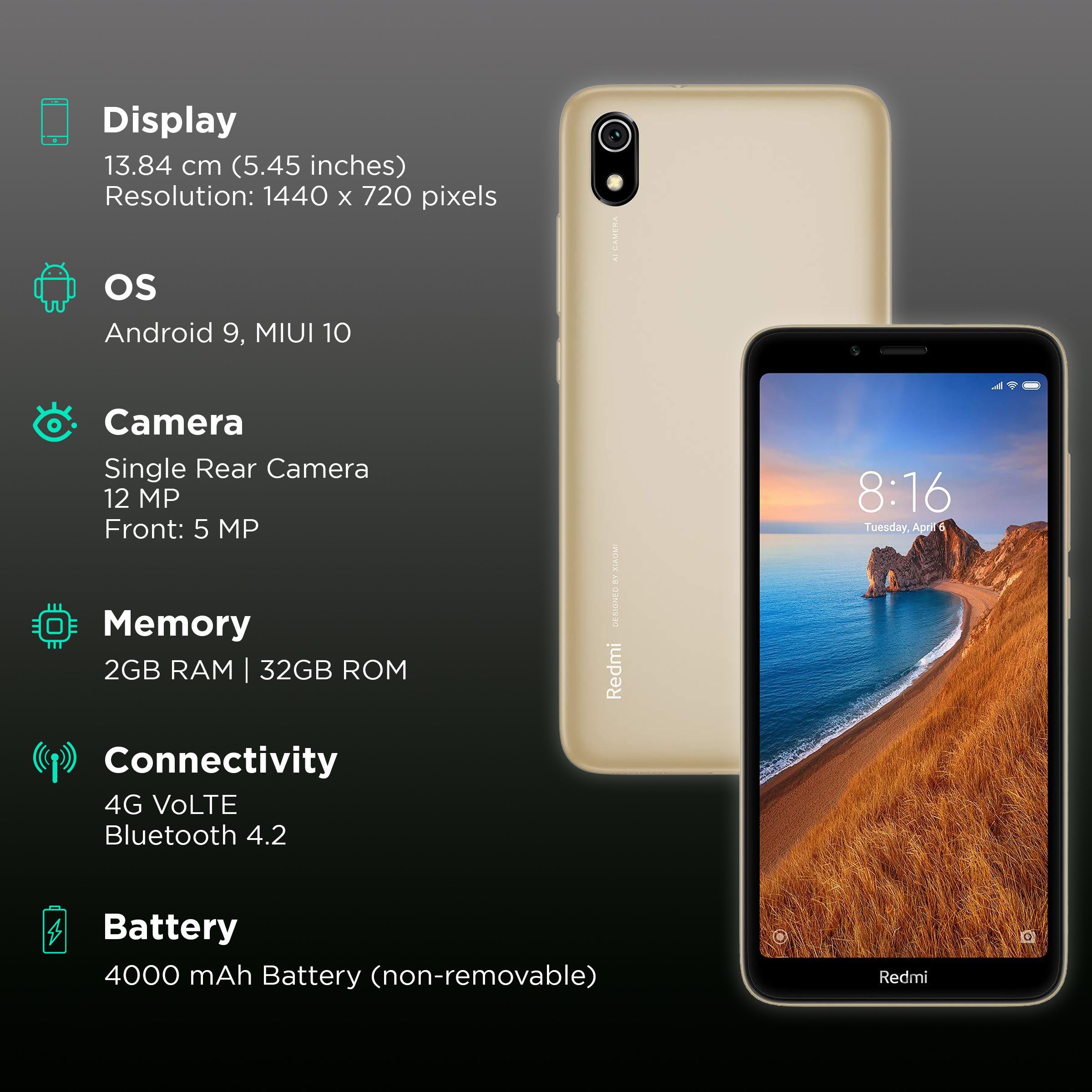 Refurbished Redmi 7A (2GB RAM, 32GB, Matte Gold)_3