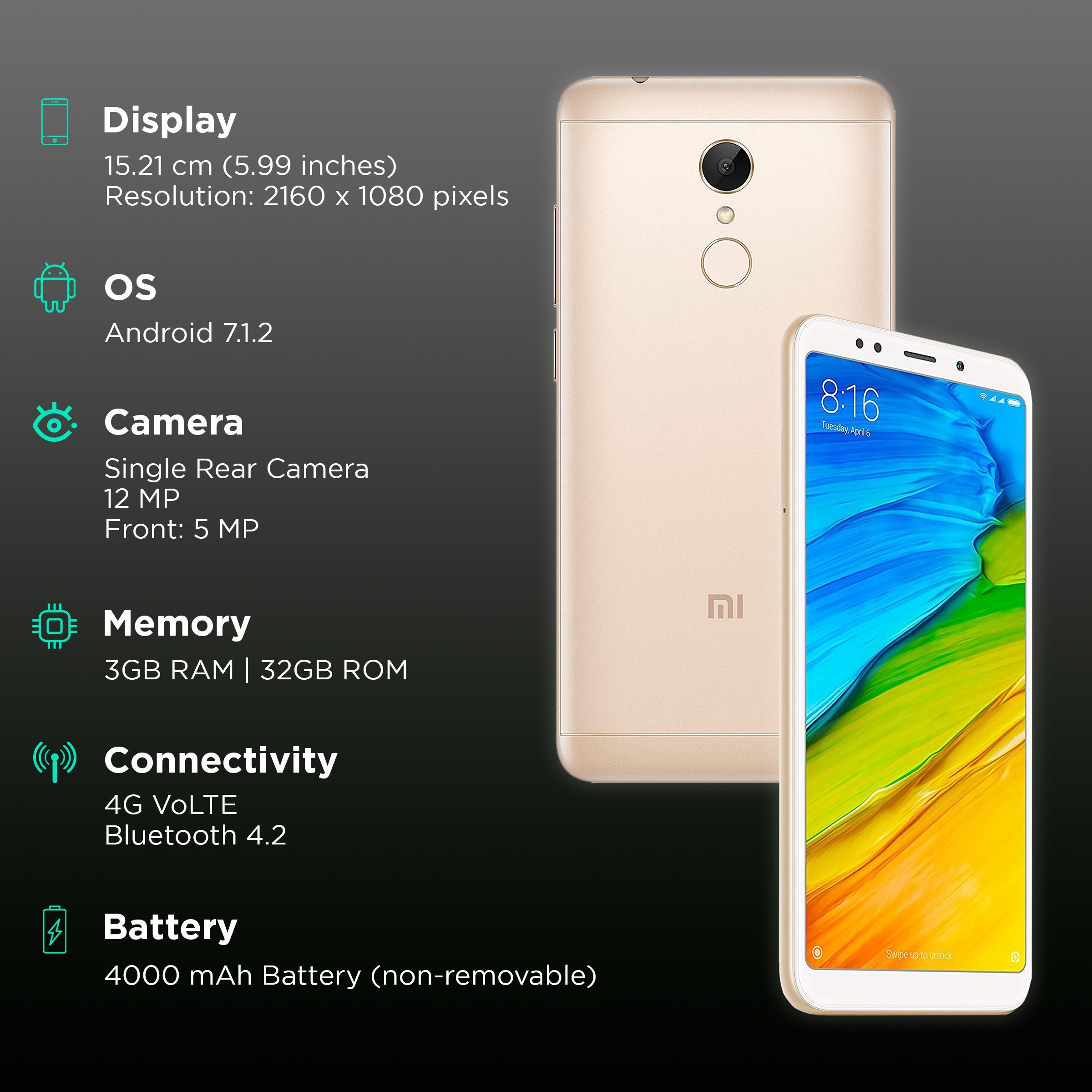 Refurbished Redmi Note 5 (3GB RAM, 32GB, Gold)_3