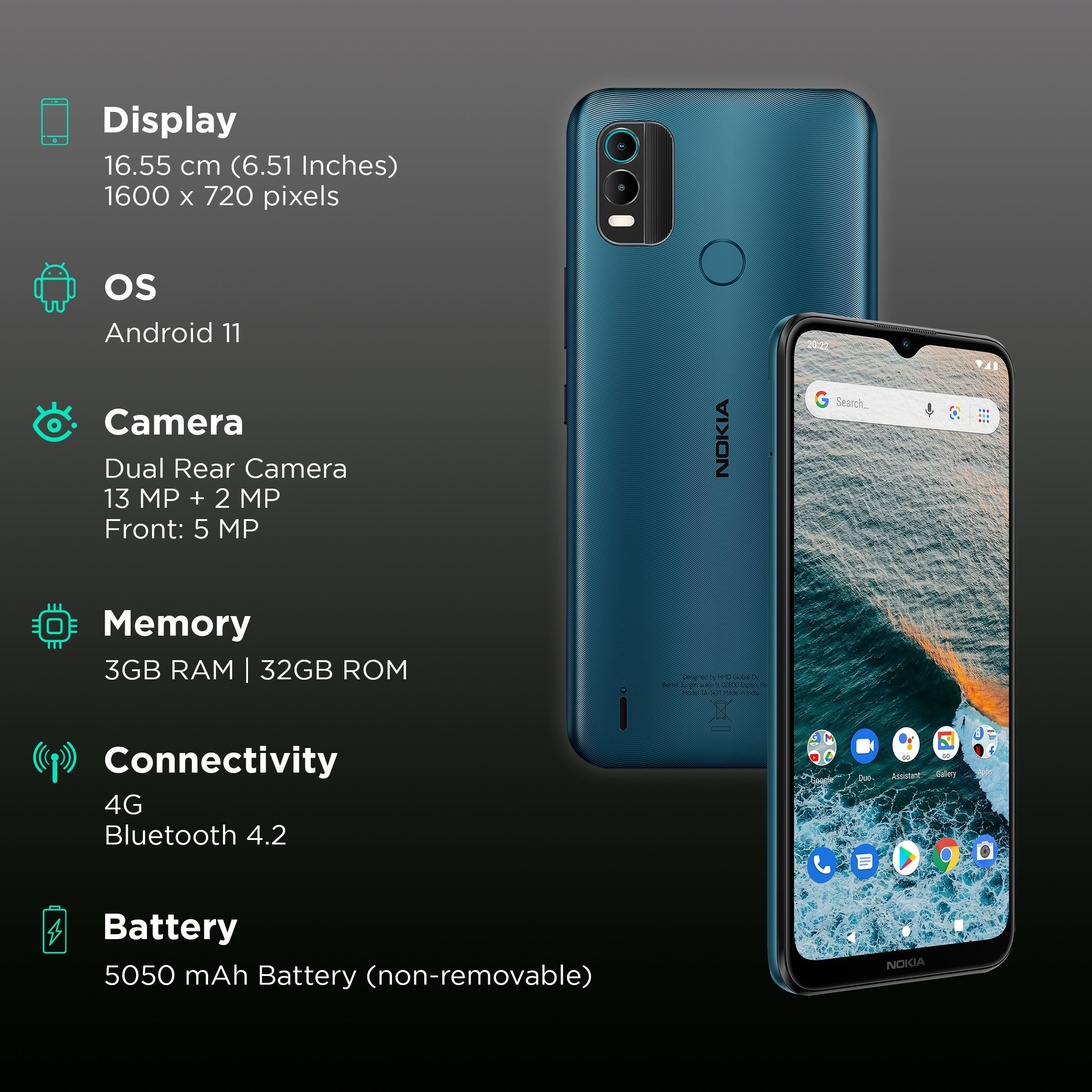 NOKIA C21 Plus (32GB ROM, 3GB RAM, TA-1433, Dark Cyan)_3