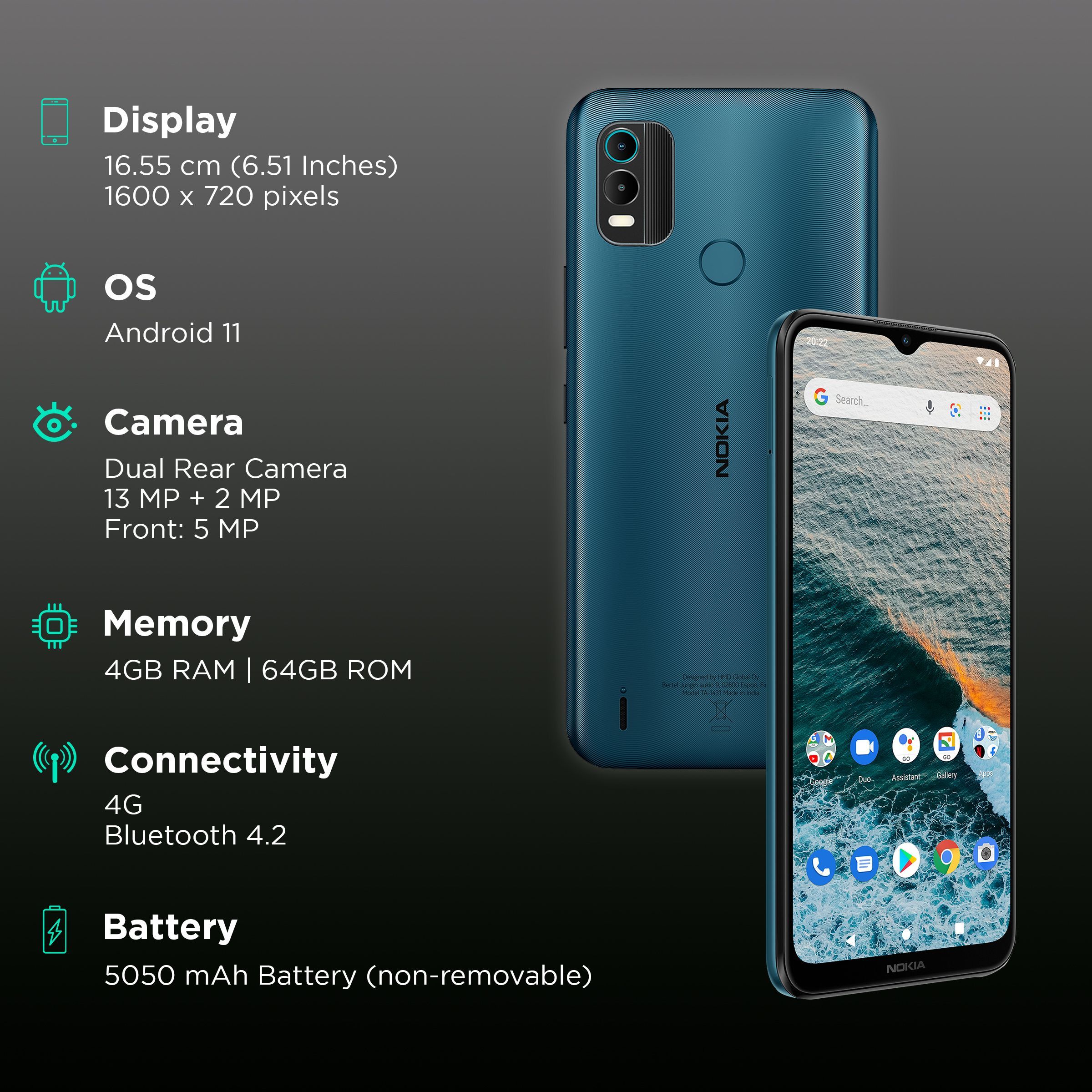 NOKIA C21 Plus (64GB ROM, 4GB RAM, TA-1431, Dark Cyan)_3