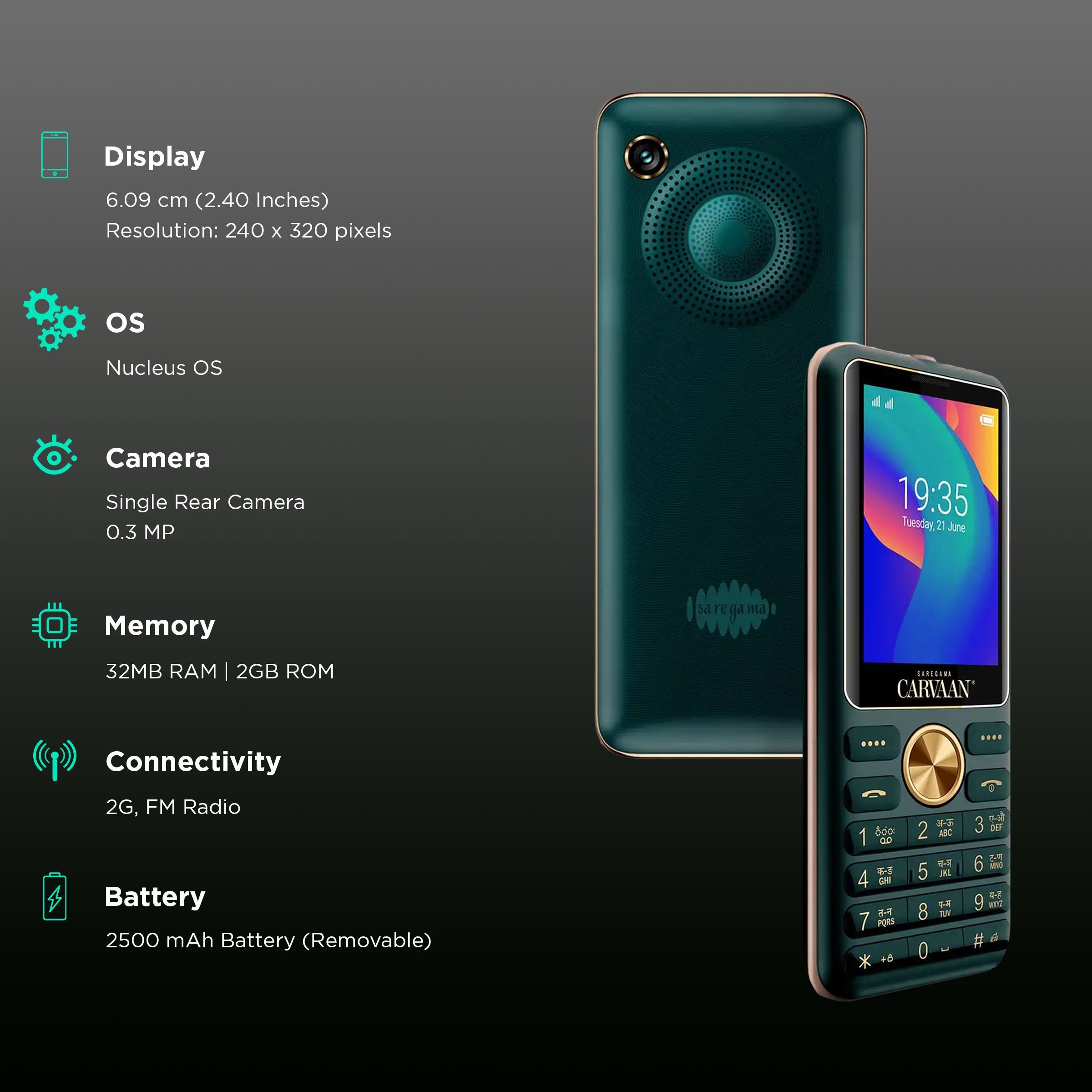 SAREGAMA Carvaan CM281 (2GB, Dual SIM, Rear Camera, Emerald Green)_3
