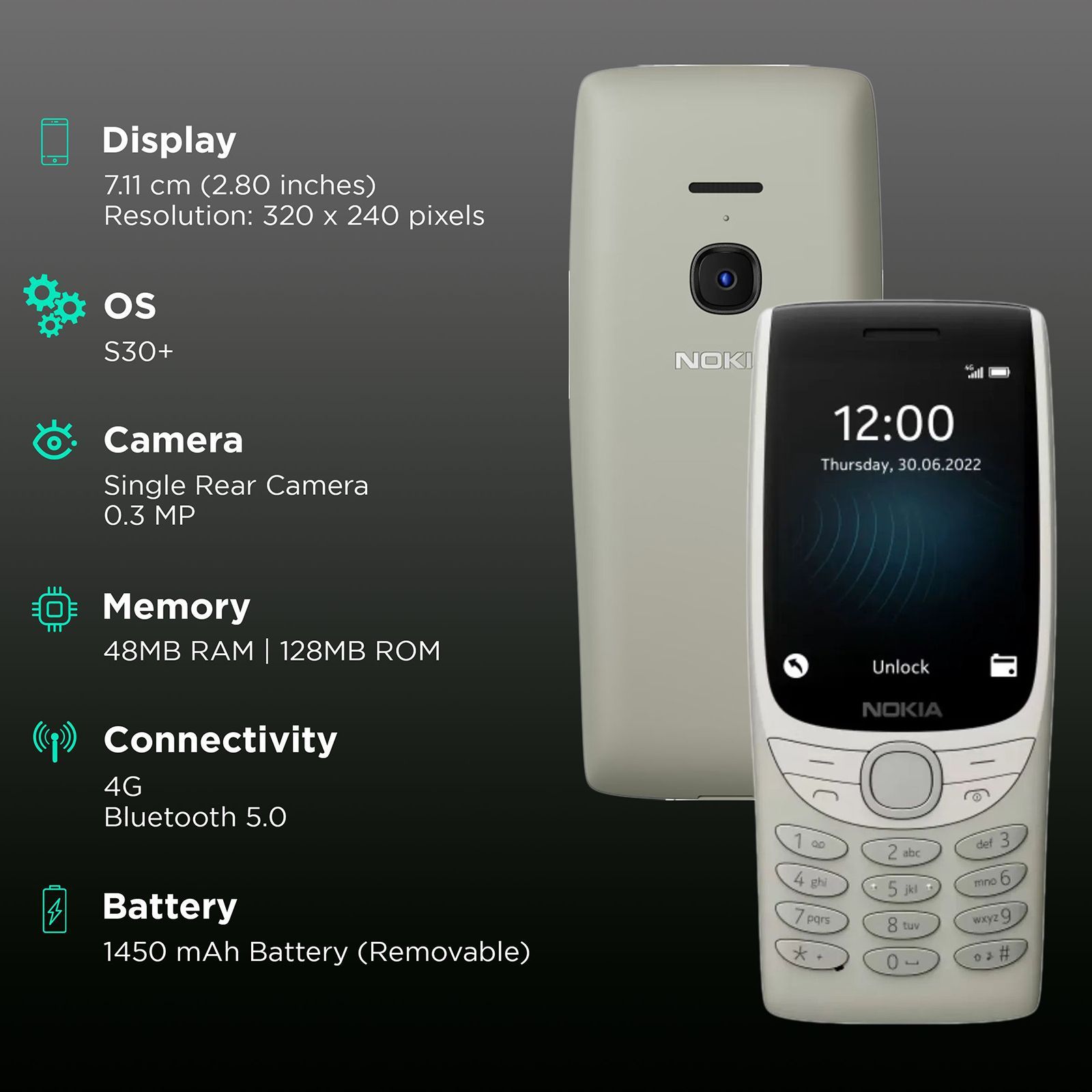 NOKIA 8210 4G (128MB, Dual SIM, Rear Camera, Sand)_3