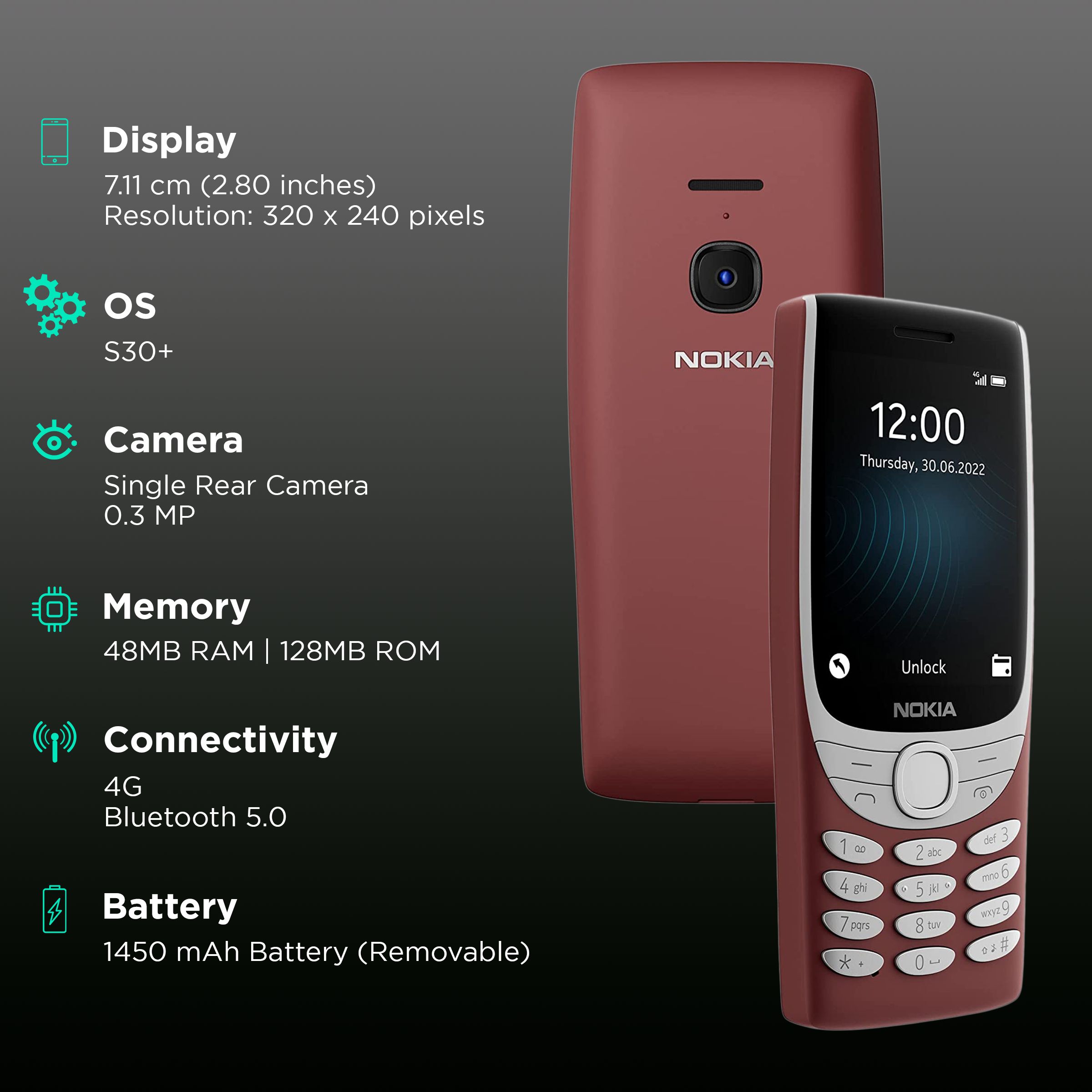 NOKIA 8210 4G (128MB, Dual SIM, Rear Camera, Red) NOKIA 8210 4G (128MB, Dual SIM, Rear Camera, Red)_3