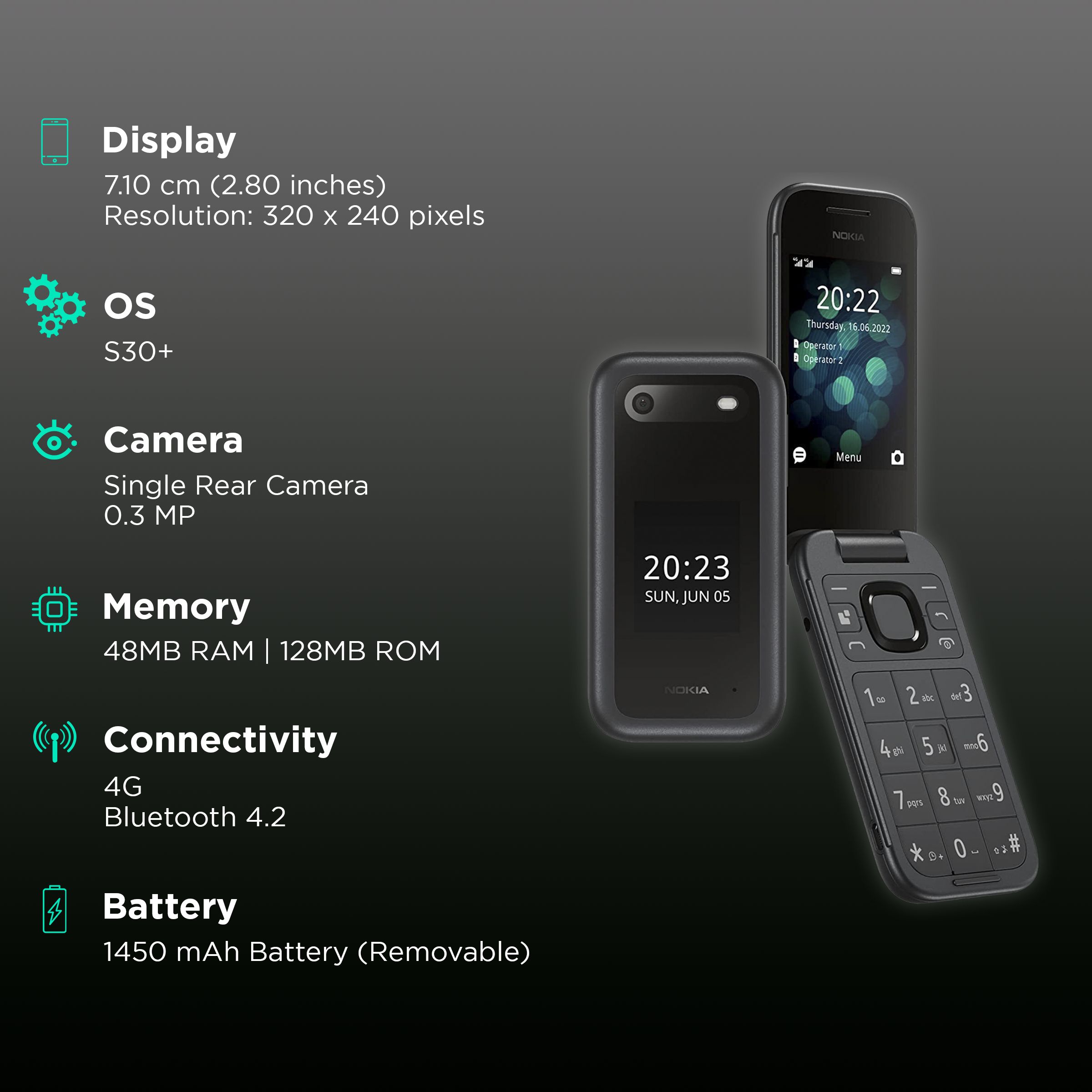 NOKIA 2660 Flip (128MB, Dual SIM, Rear Camera, Black)_3