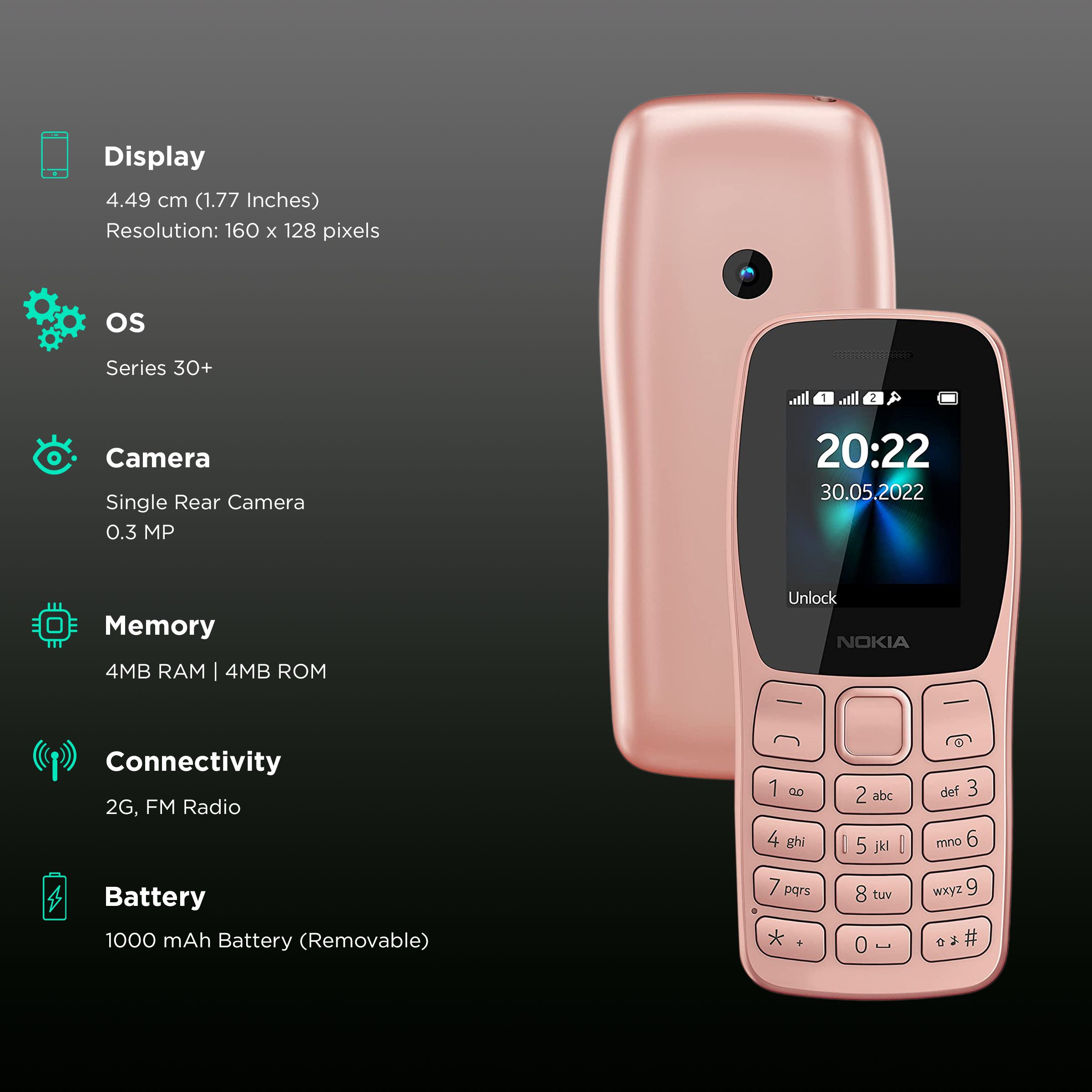NOKIA 110 (4MB, Dual SIM, Rear Camera, Rose Gold)_3