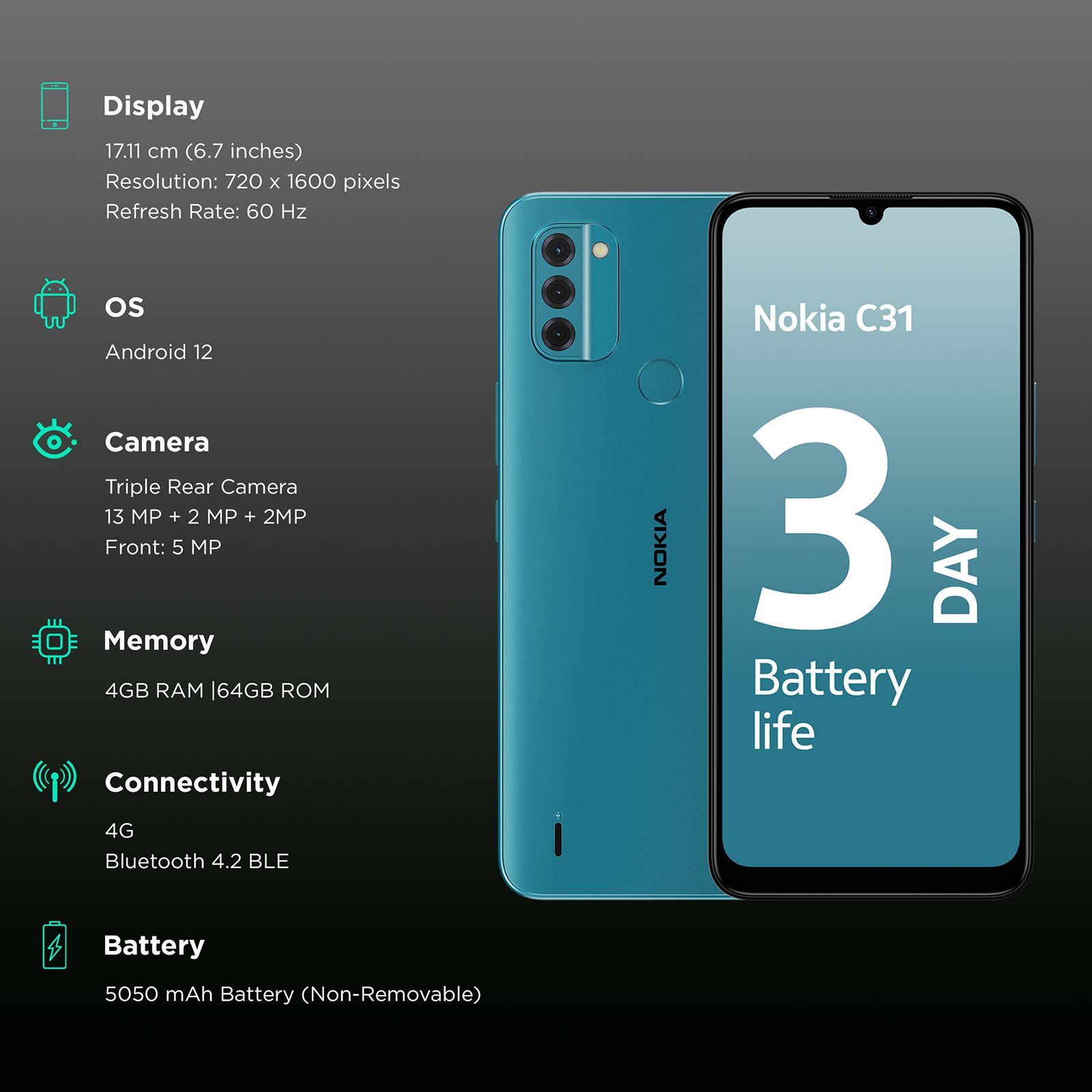 NOKIA C31 Plus (4GB RAM, 64GB, Cyan)_3