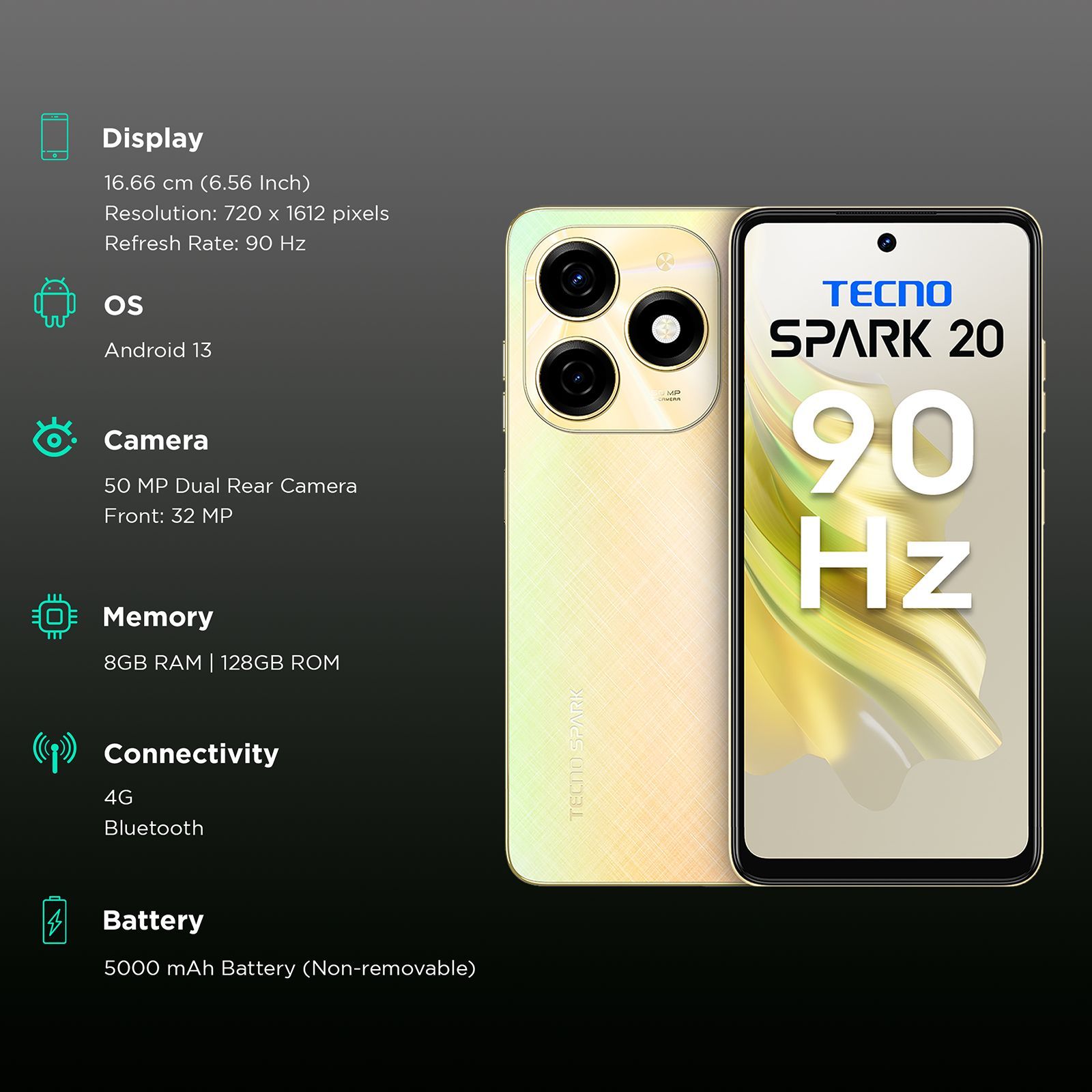 TECNO Spark 20 (8GB RAM, 128GB, Neon Gold)_3