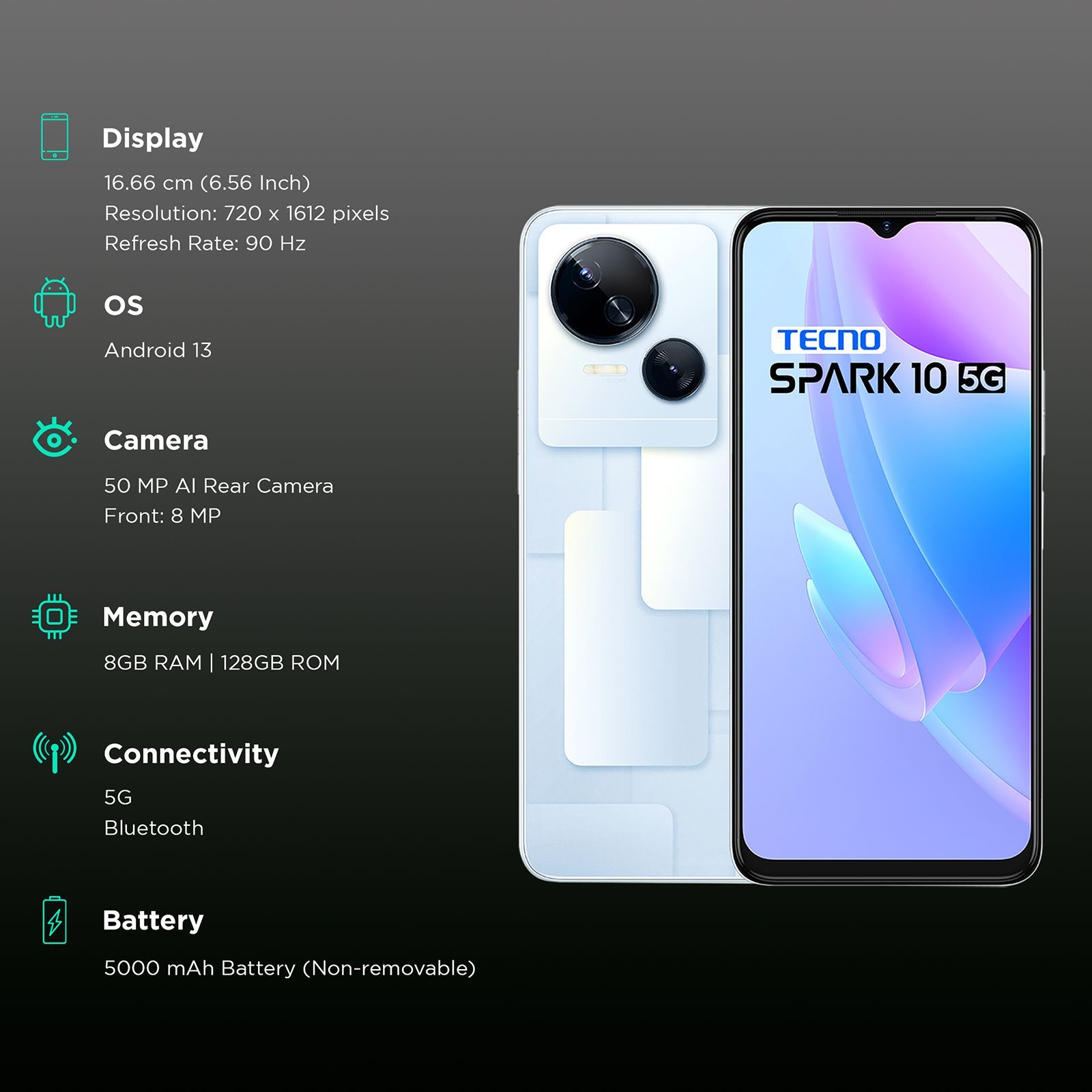 TECNO Spark 10 5G (8GB RAM, 128GB, Meta White)_3