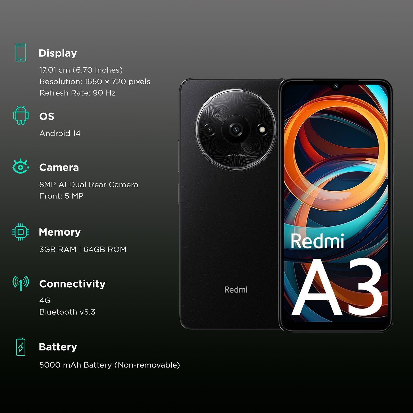 Redmi A3 (6GB RAM, 128GB, Midnight Black) Redmi A3 (6GB RAM, 128GB, Midnight Black)_3